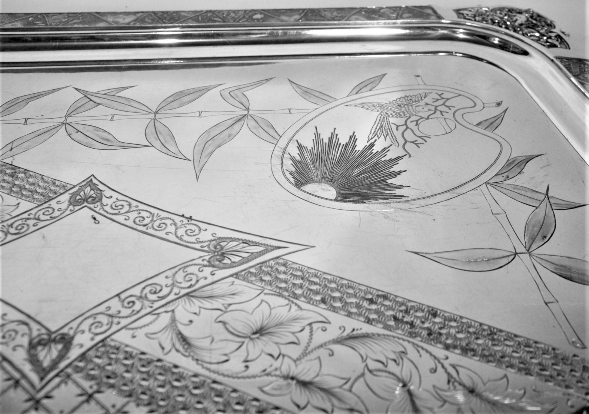 Large Silver Plated Serving Tray with Ornate Engraved Birds, Cherubs and Flowers 6