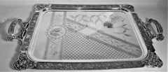 Large Silver Plated Serving Tray with Ornate Engraved Birds, Cherubs and Flowers