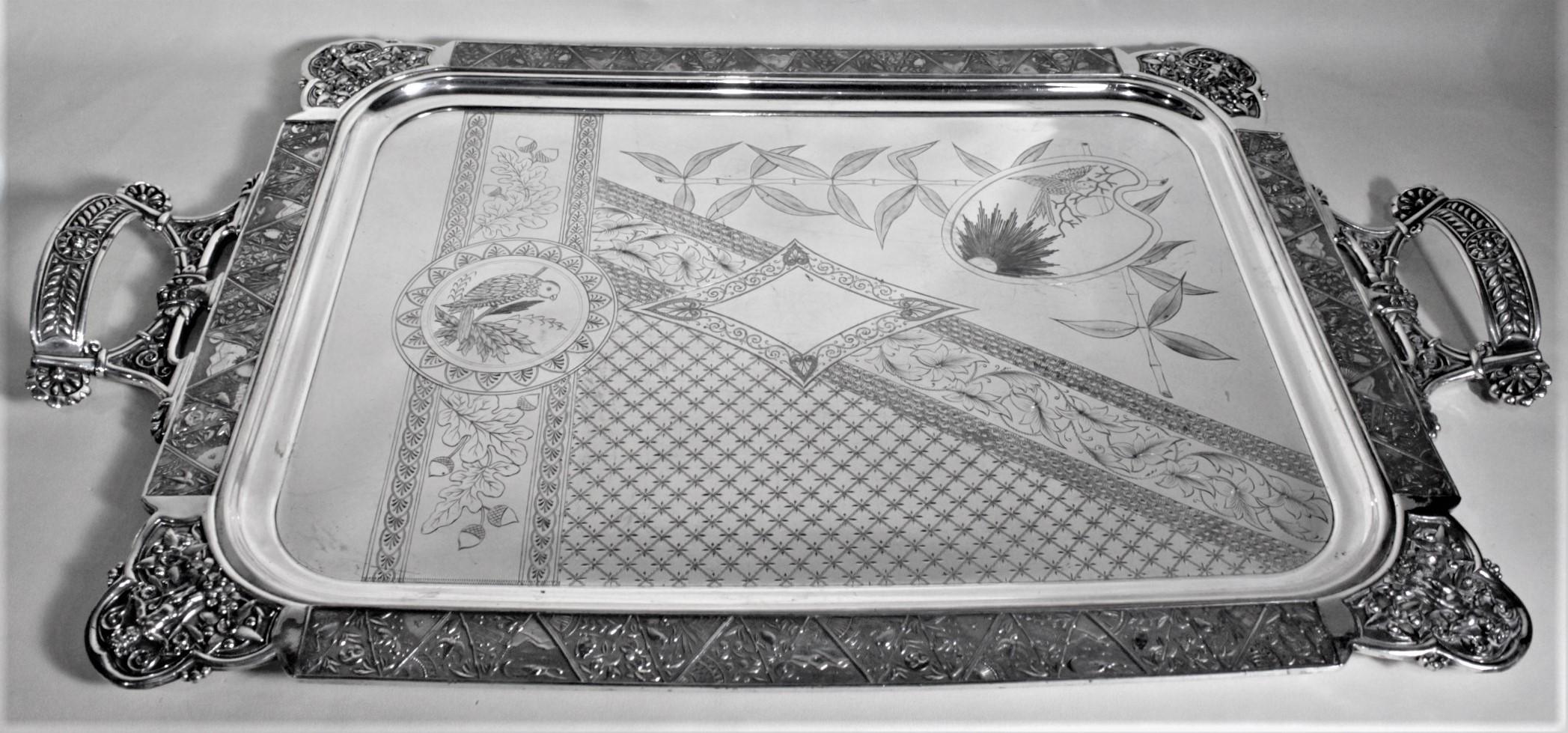 Aesthetic Movement Large Silver Plated Serving Tray with Ornate Engraved Birds, Cherubs and Flowers