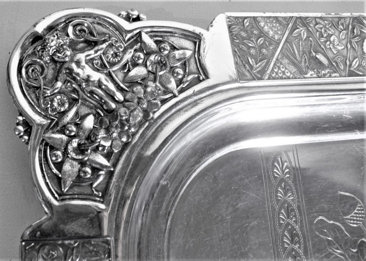 American Large Silver Plated Serving Tray with Ornate Engraved Birds, Cherubs and Flowers