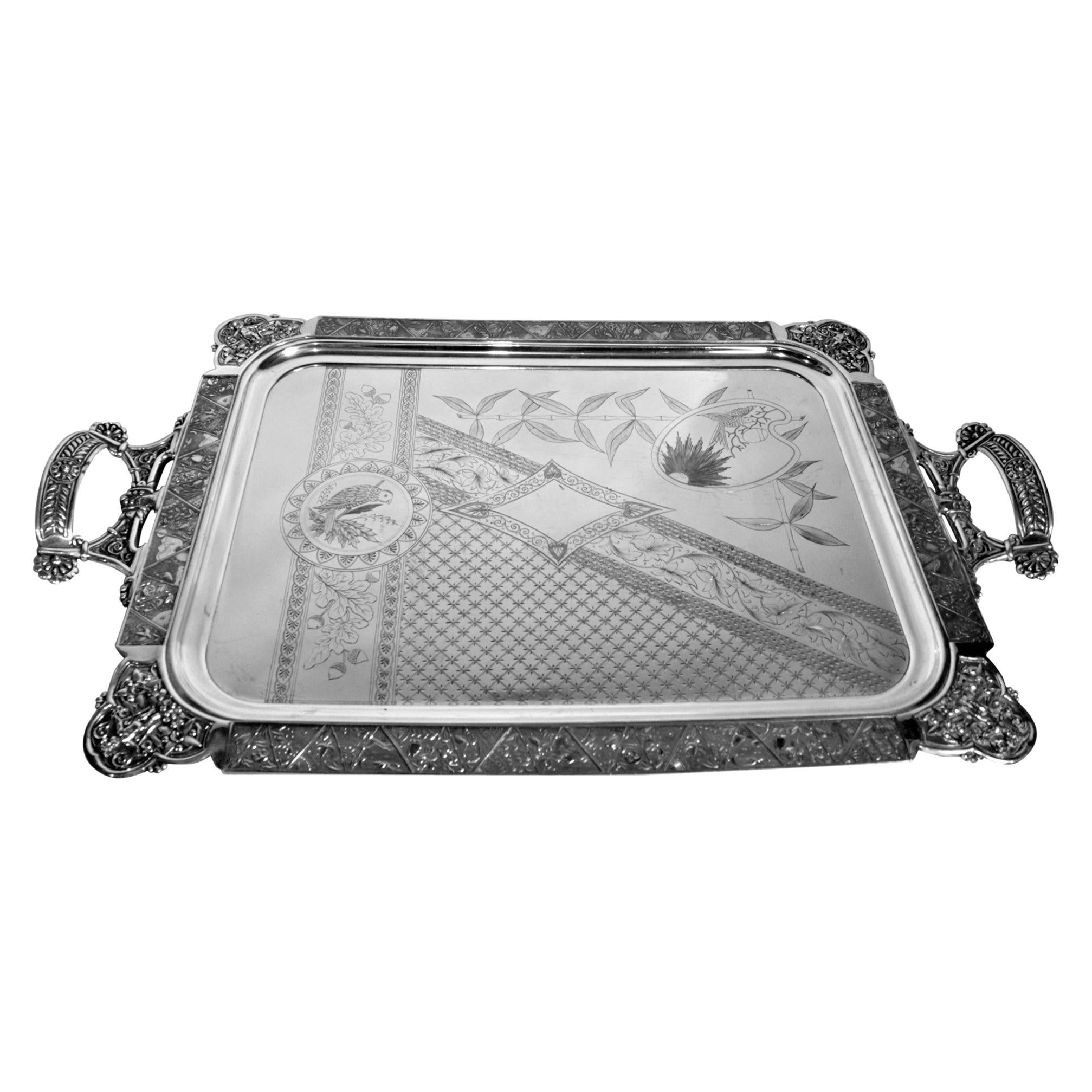 Large Silver Plated Serving Tray with Ornate Engraved Birds, Cherubs and Flowers