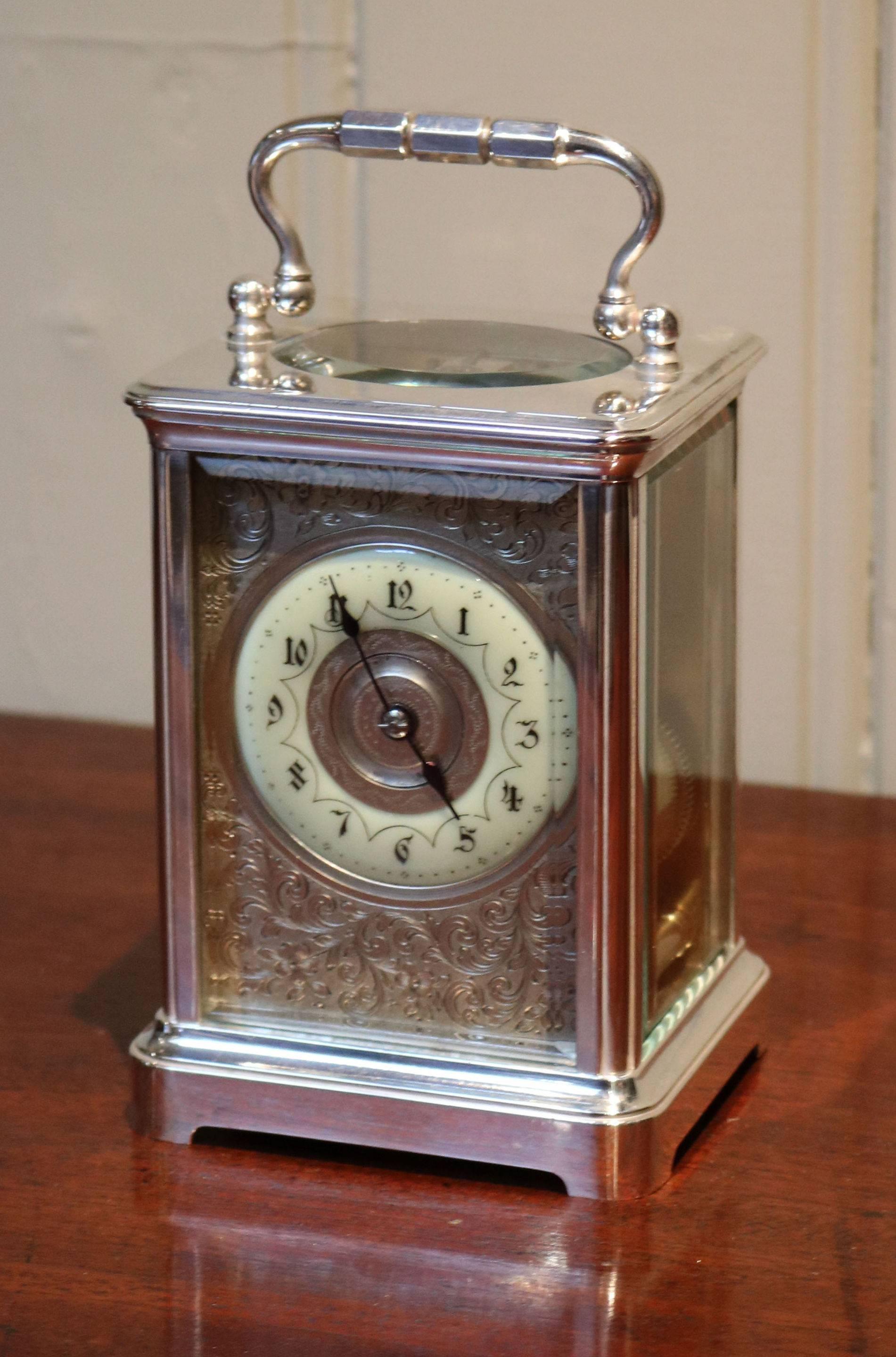 Large Silver Plated Striking Carriage Clock For Sale 2