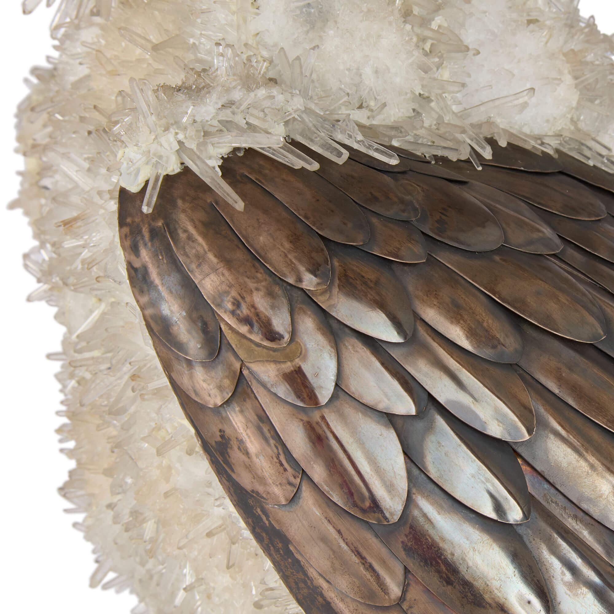 Vermeil Grand modèle de hibou en argent, quartz et verre attribué à Asprey en vente