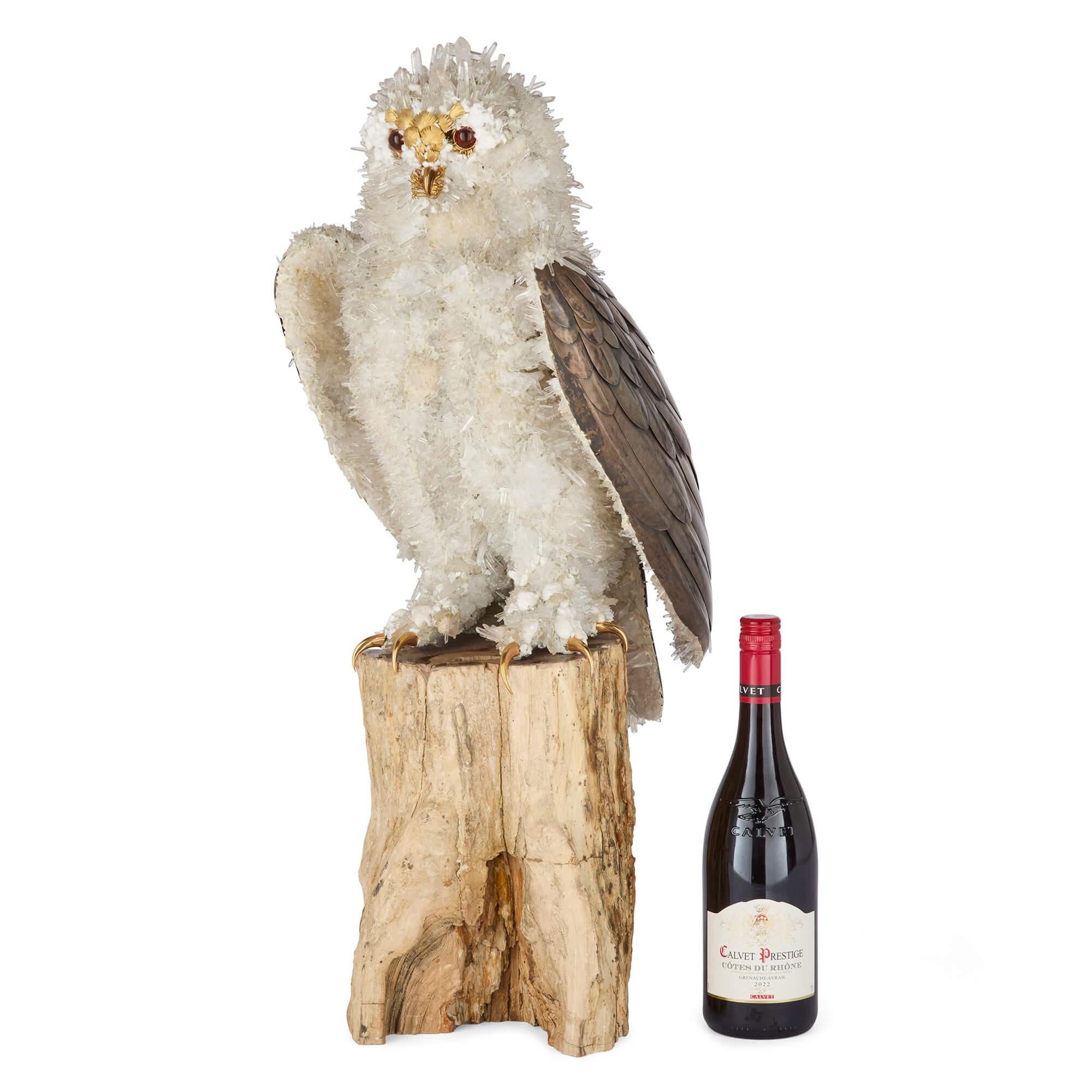 Grand modèle de hibou en argent, quartz et verre attribué à Asprey en vente 2