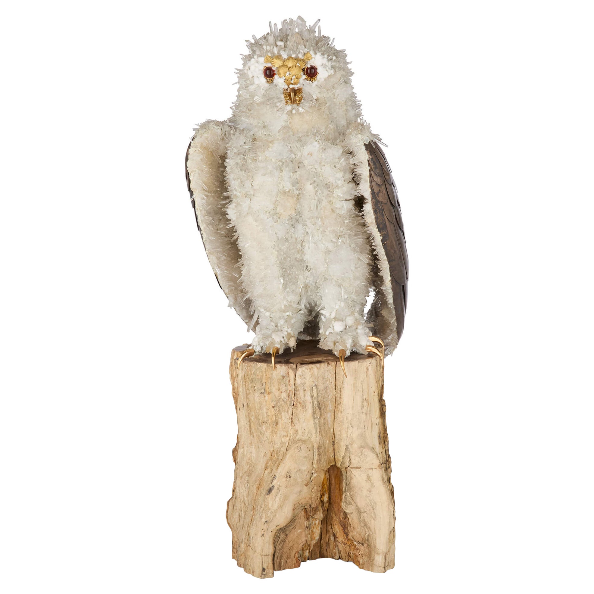 Großes Modell einer Eule aus Silber, Quarz und Glas, Asprey zugeschrieben im Angebot