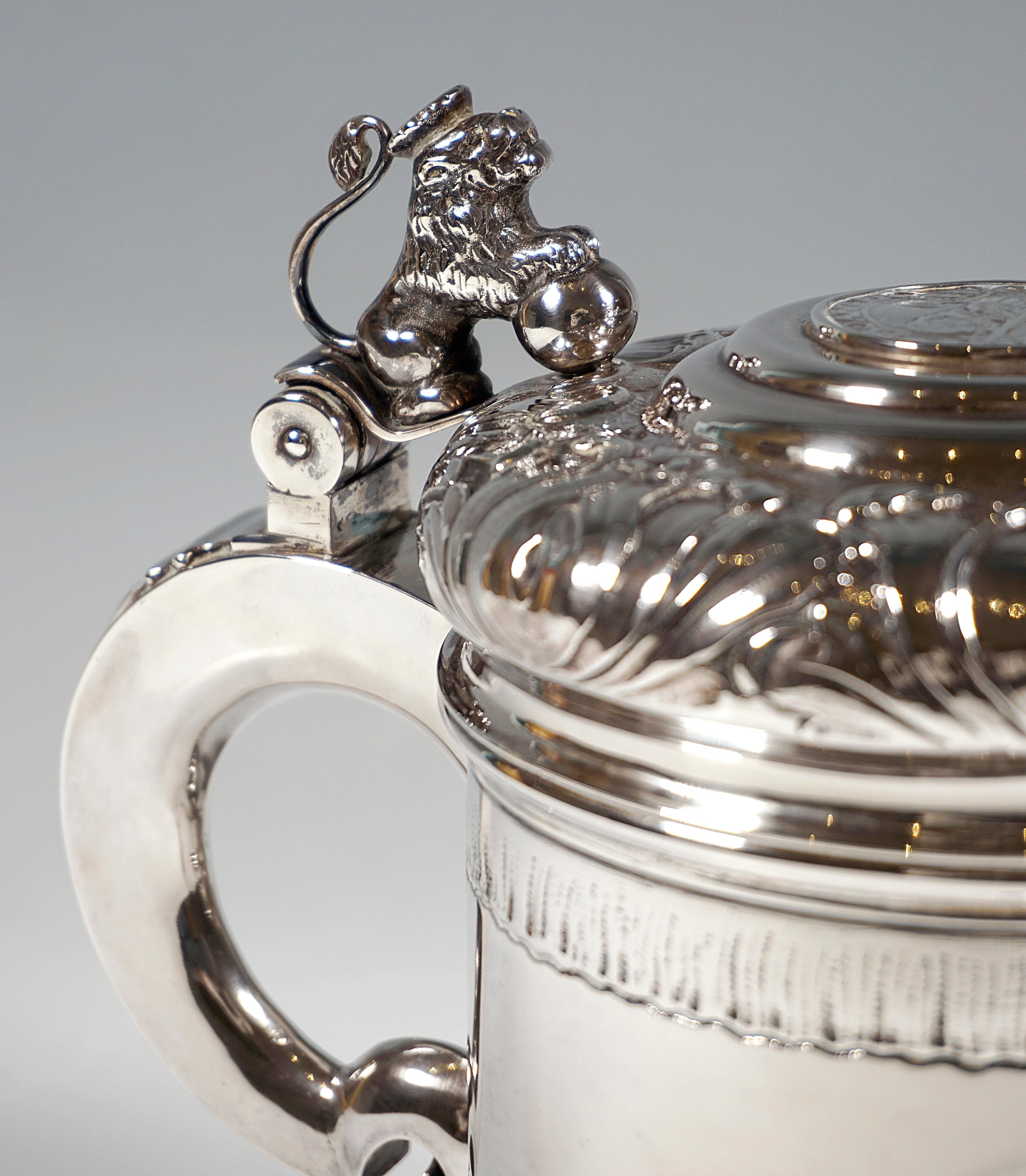Mid-20th Century Large Silver Tankard With Lion Figures, by Johannes Siggaard, Denmark, 1940 For Sale