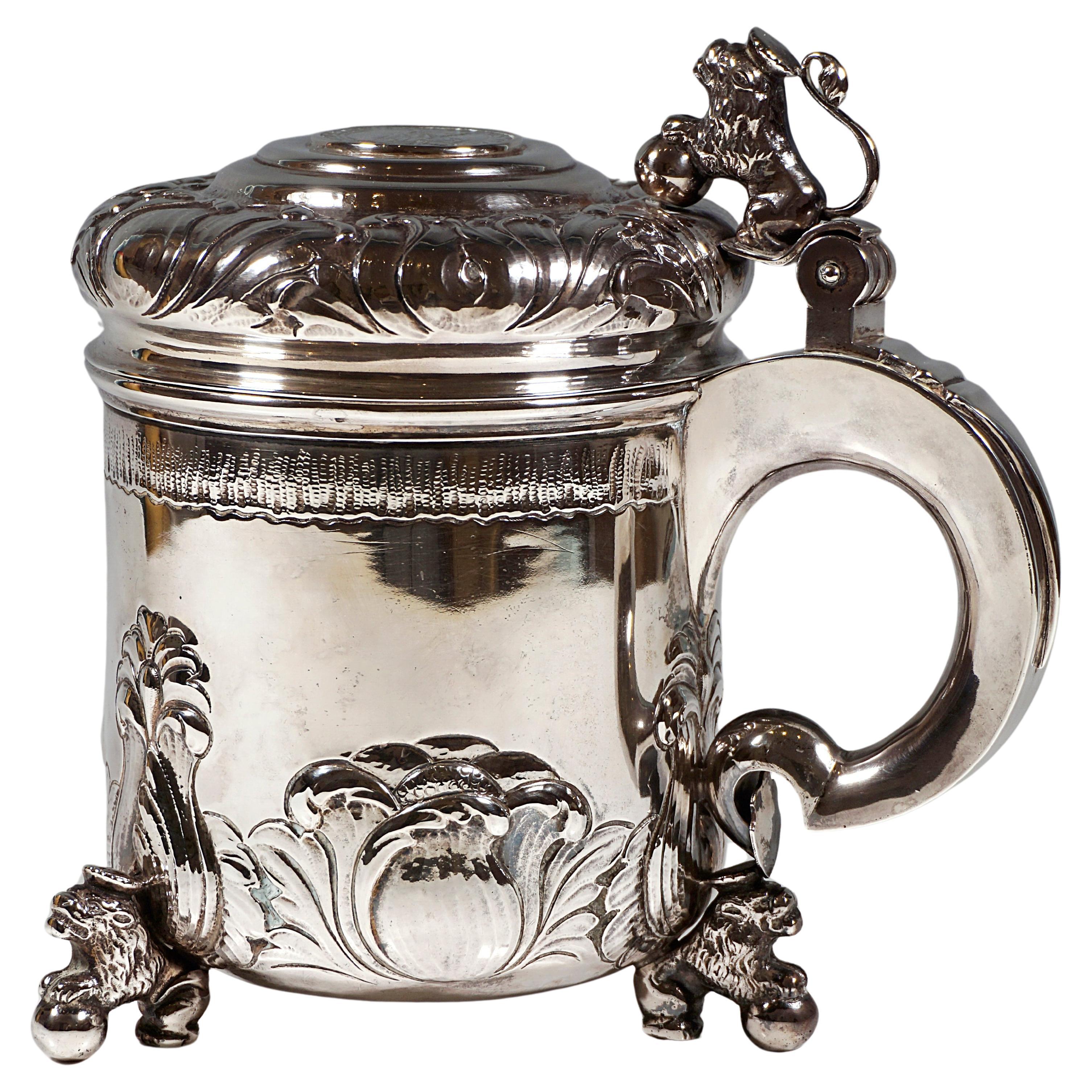 Large Silver Tankard With Lion Figures, by Johannes Siggaard, Denmark, 1940 For Sale