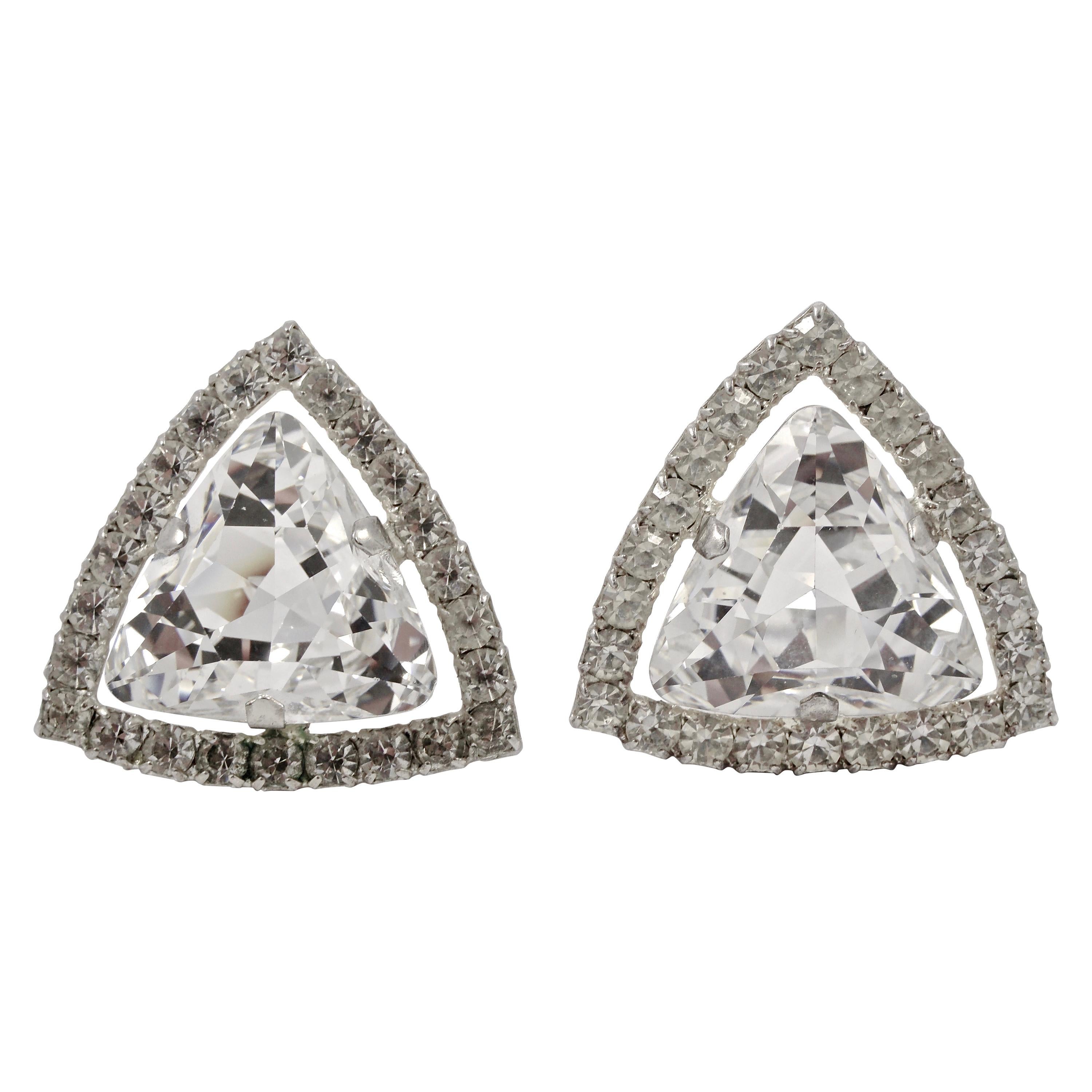 Large Silver Tone and Clear Rhinestone Clip On Statement Earrings circa 1960s