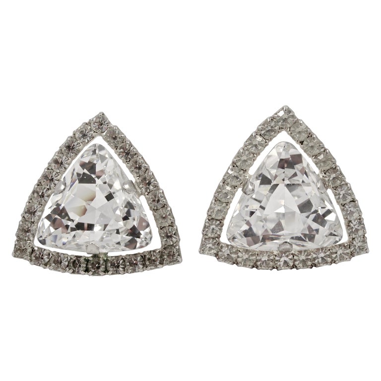 Large Silver Tone and Clear Rhinestone Clip On Statement Earrings circa  1960s For Sale at 1stDibs | 60's style earrings, chandelier clips