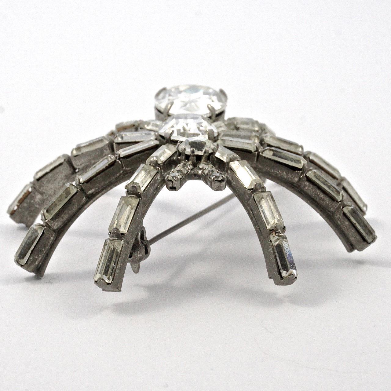 Large Silver Tone and Clear Rhinestone Figural Spider Brooch, circa 1980s In Good Condition In London, GB