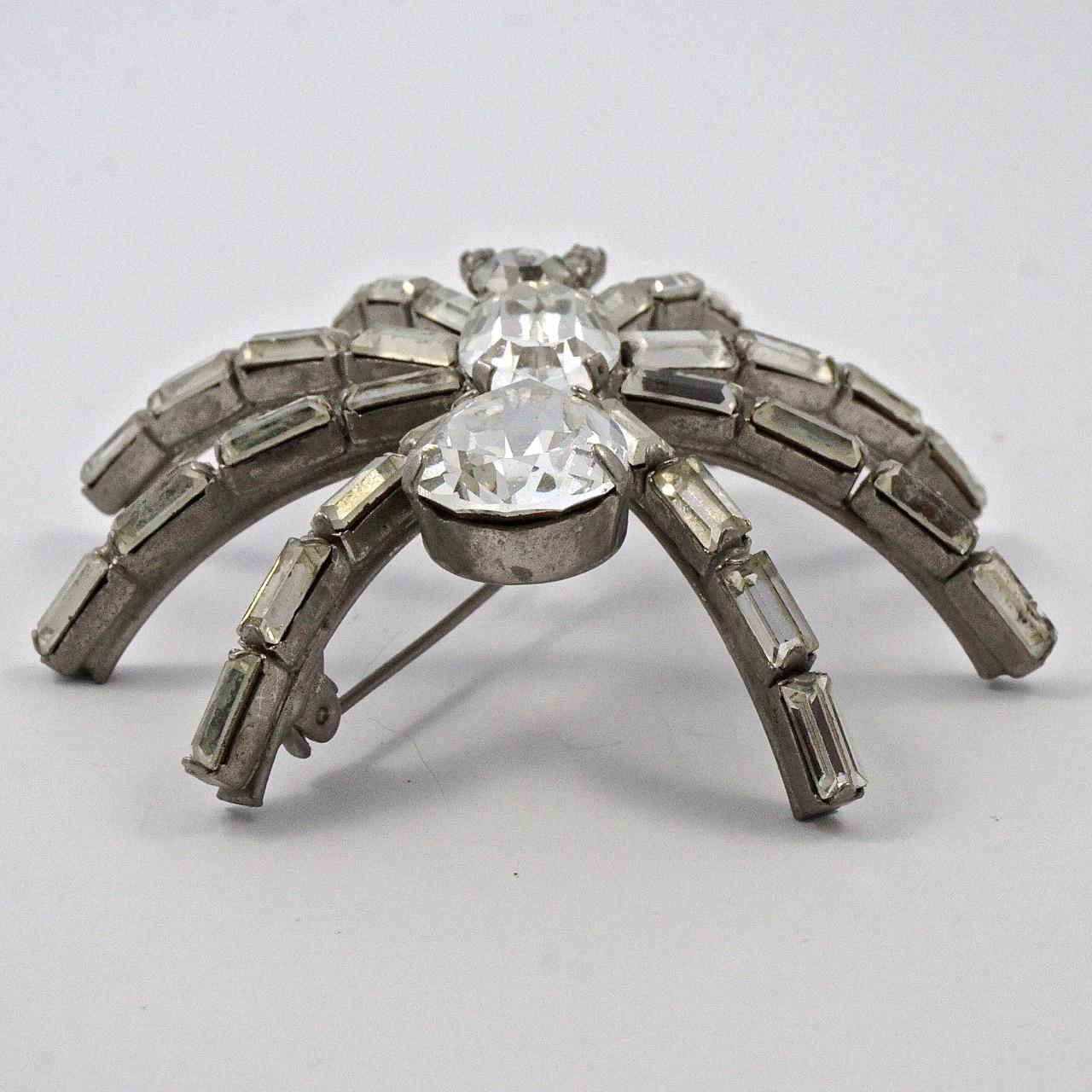 Large Silver Tone and Clear Rhinestone Figural Spider Brooch, circa 1980s 1