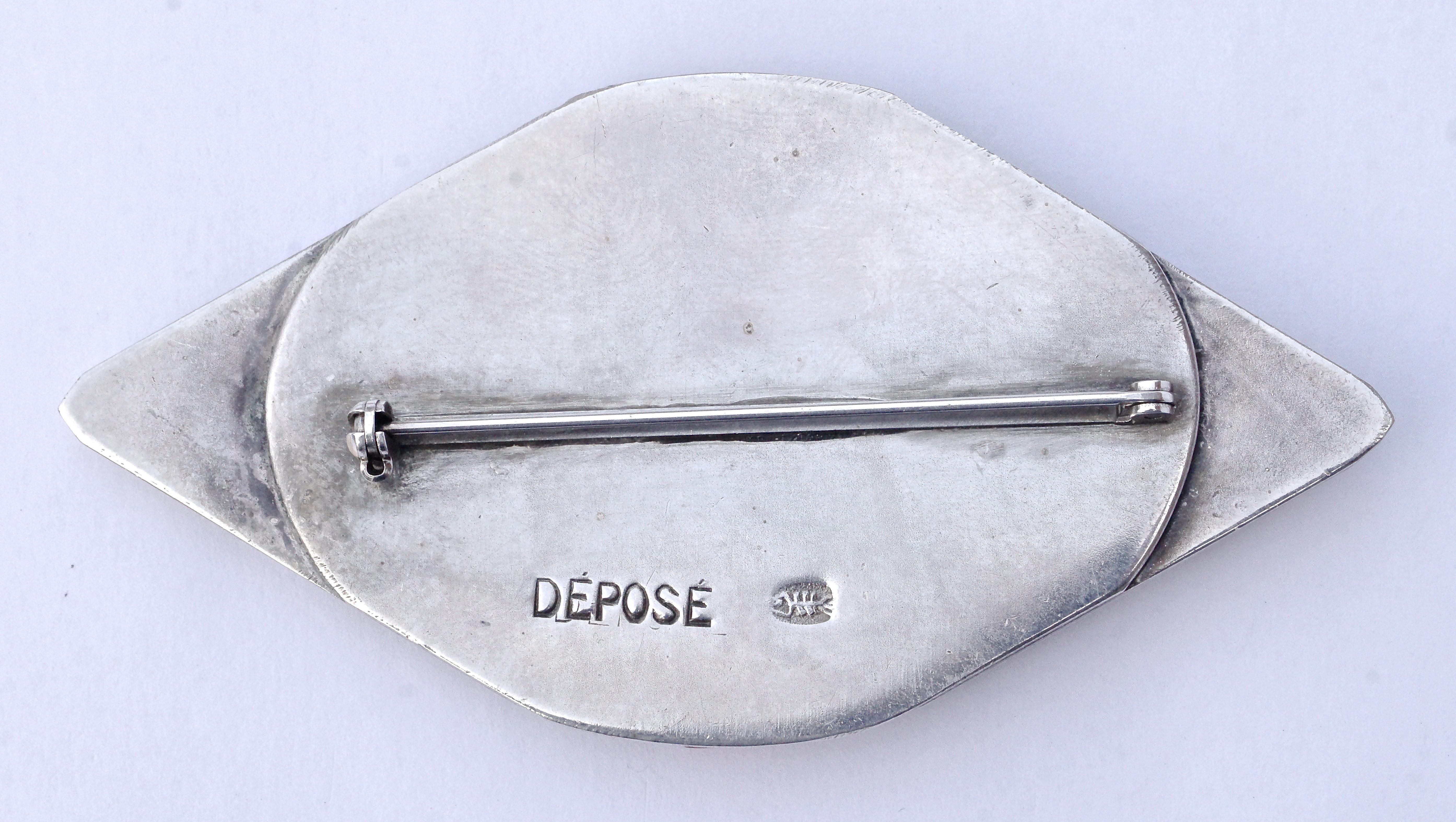 Large Silver Tone and Red Early Plastic Art Deco Style Depose Brooch at