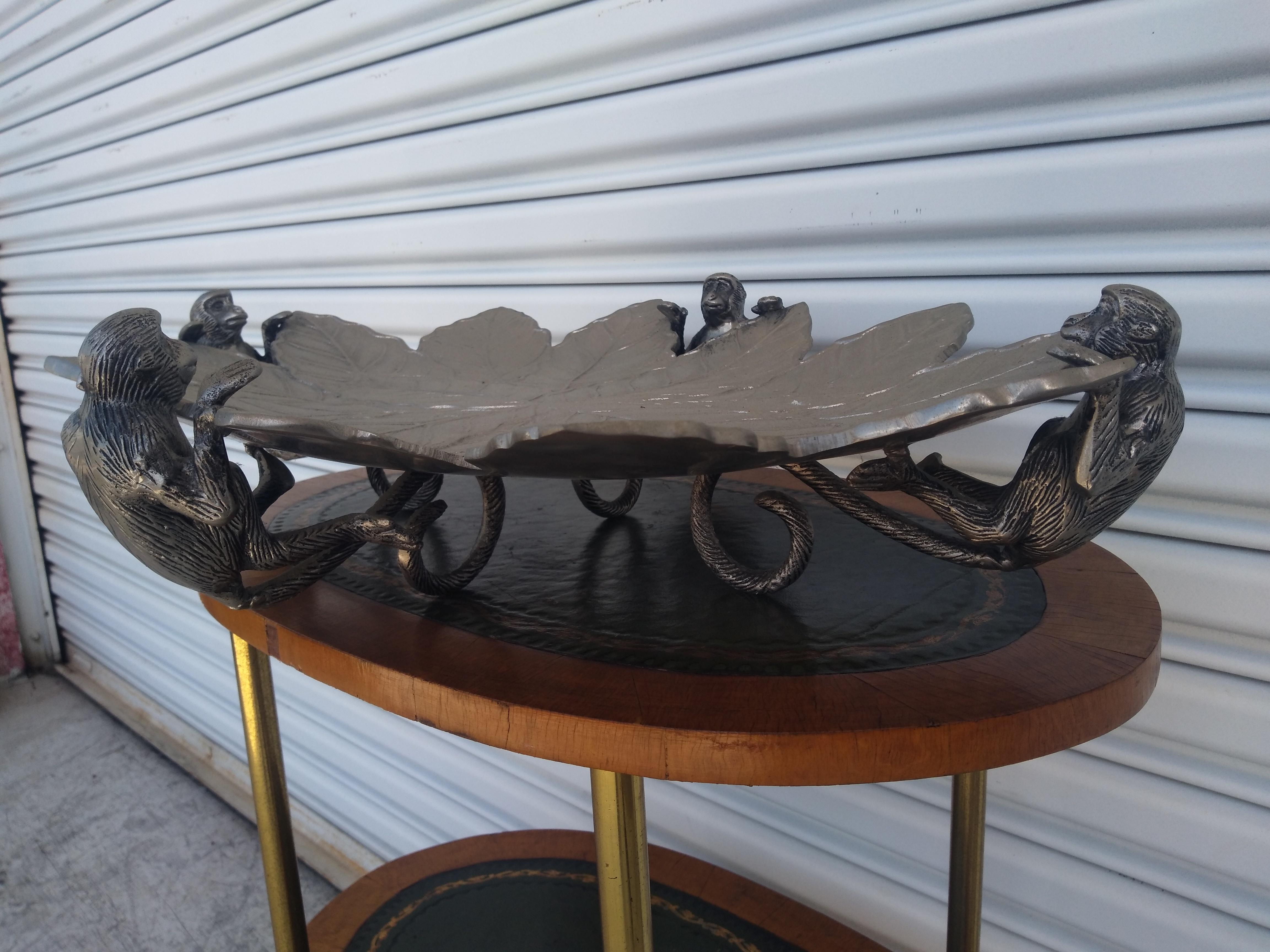 20th Century Large Silver Tone Sculpted Monkey Serving Tray For Sale
