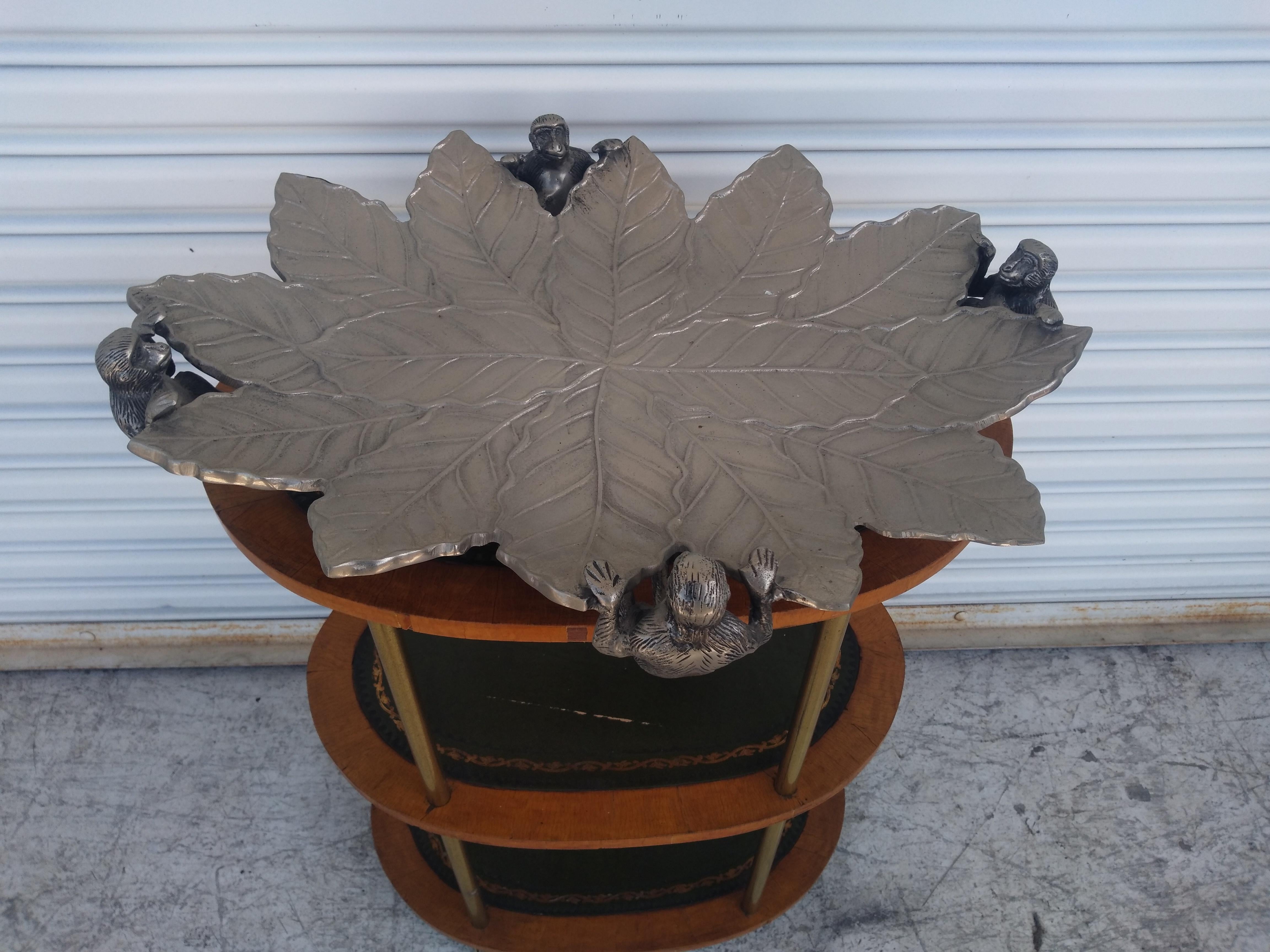 Large Silver Tone Sculpted Monkey Serving Tray For Sale 1