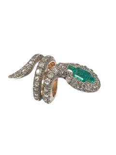 Large Silver Top & Gold Diamond Emerald Set Snake Ring