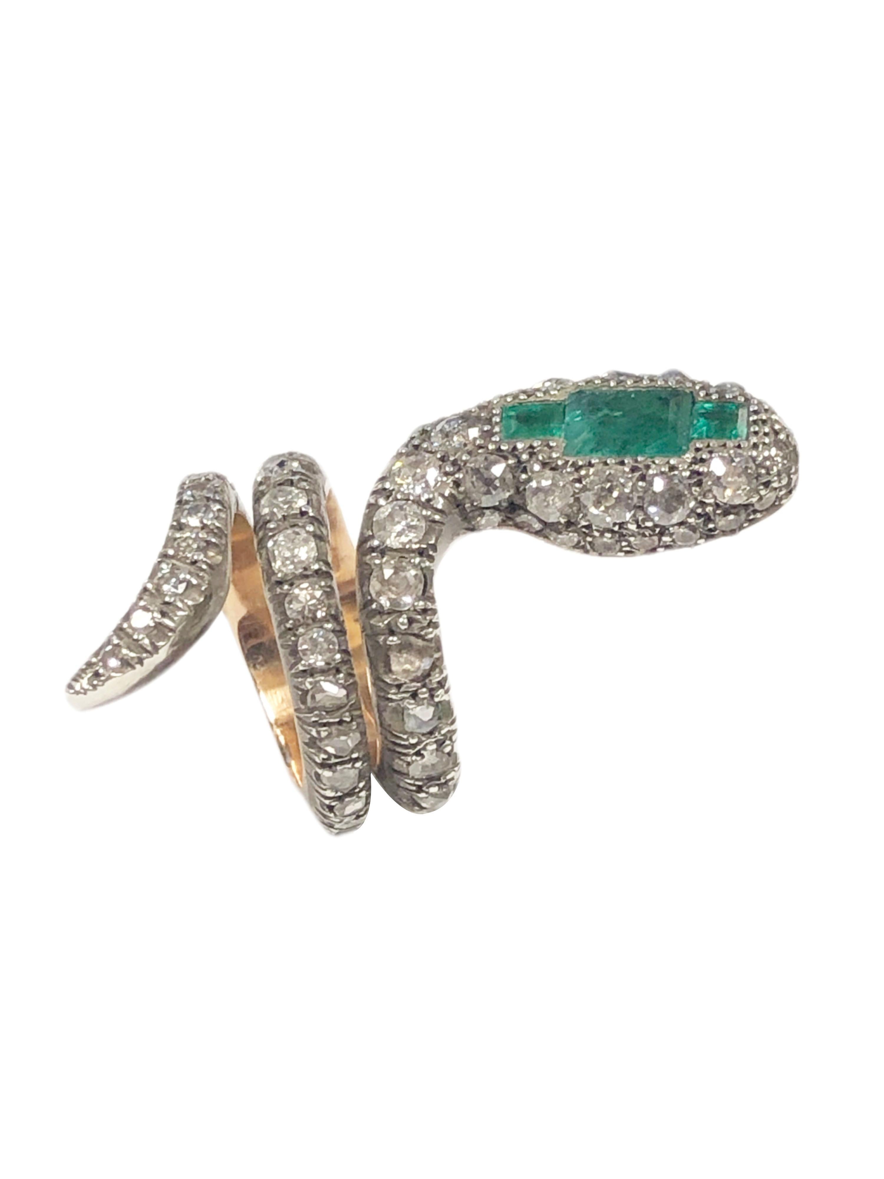 Victorian Large Silver Top & Gold Diamond Emerald Set Snake Ring
