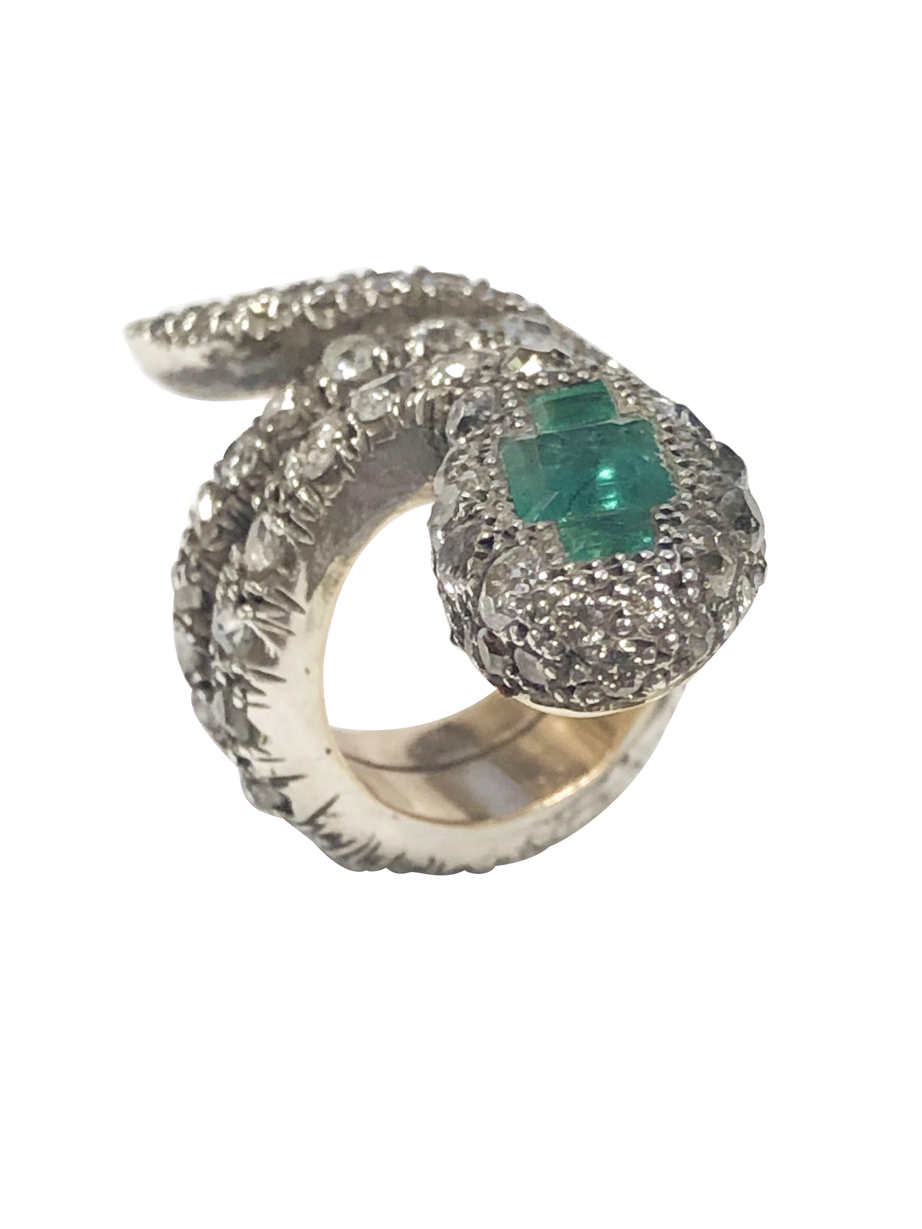 Old Mine Cut Large Silver Top & Gold Diamond Emerald Set Snake Ring