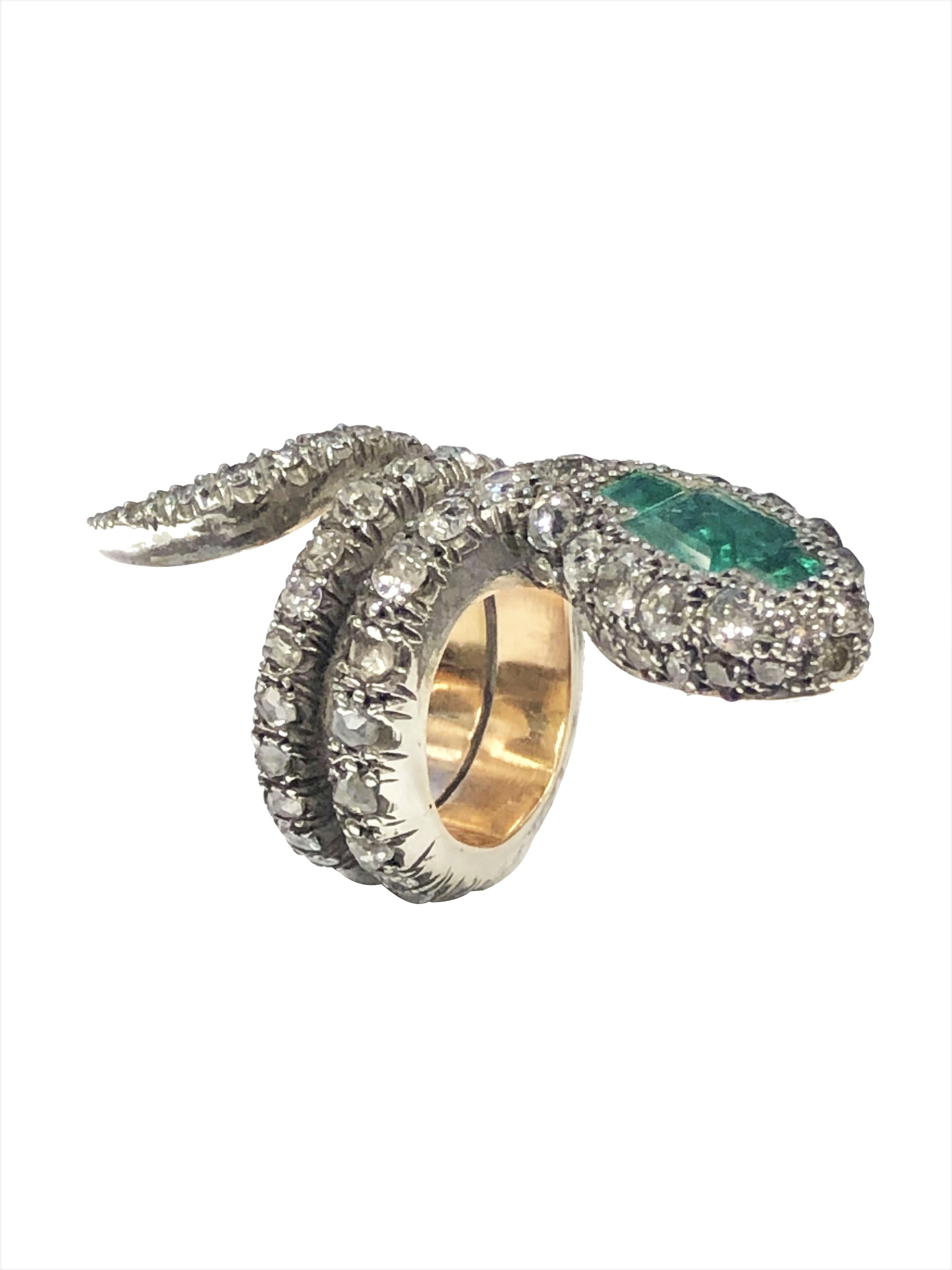 Large Silver Top & Gold Diamond Emerald Set Snake Ring In Excellent Condition In Chicago, IL