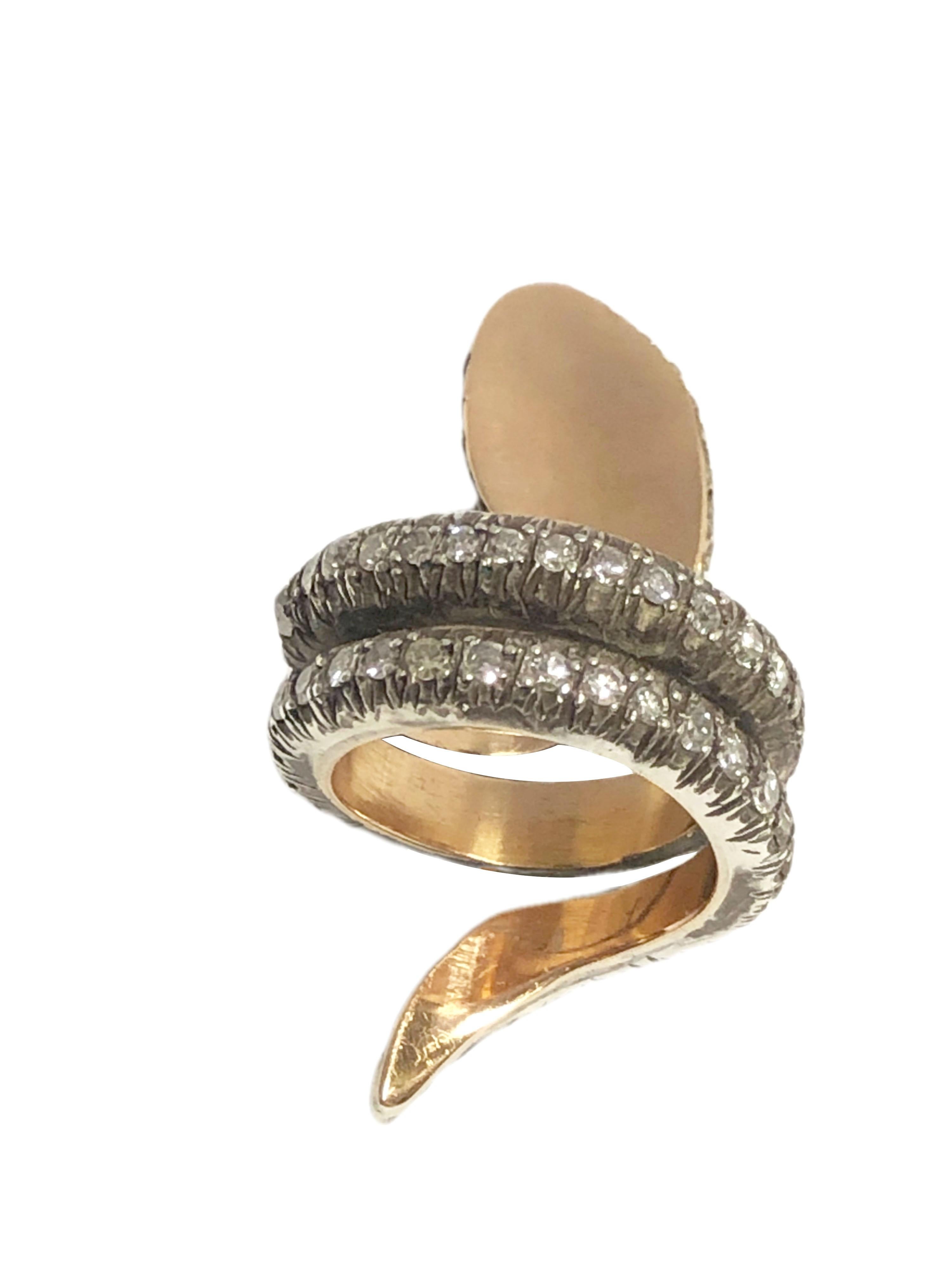 Women's or Men's Large Silver Top & Gold Diamond Emerald Set Snake Ring