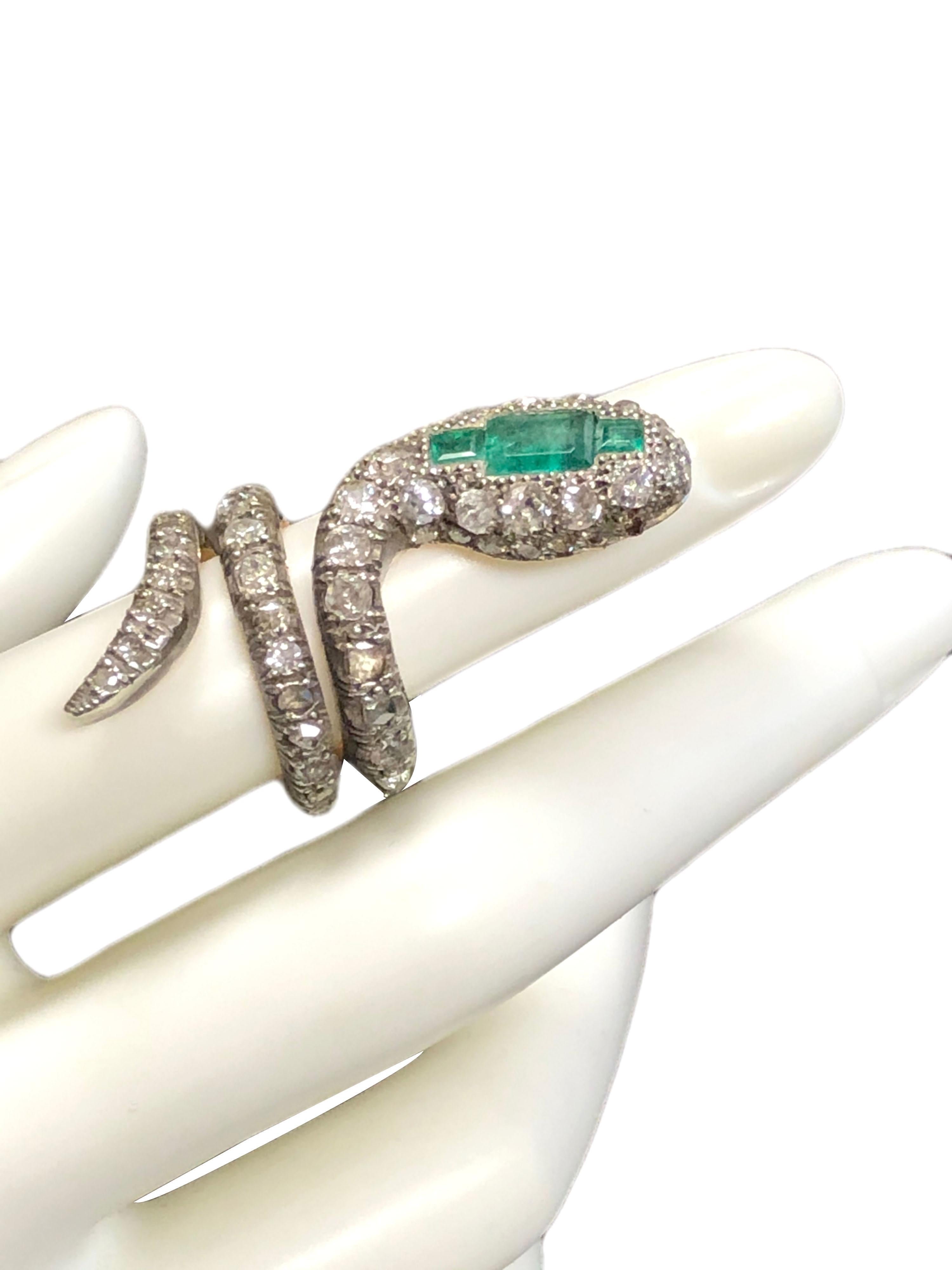 Large Silver Top & Gold Diamond Emerald Set Snake Ring 1