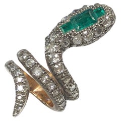 Vintage Large Silver Top & Gold Diamond Emerald Set Snake Ring