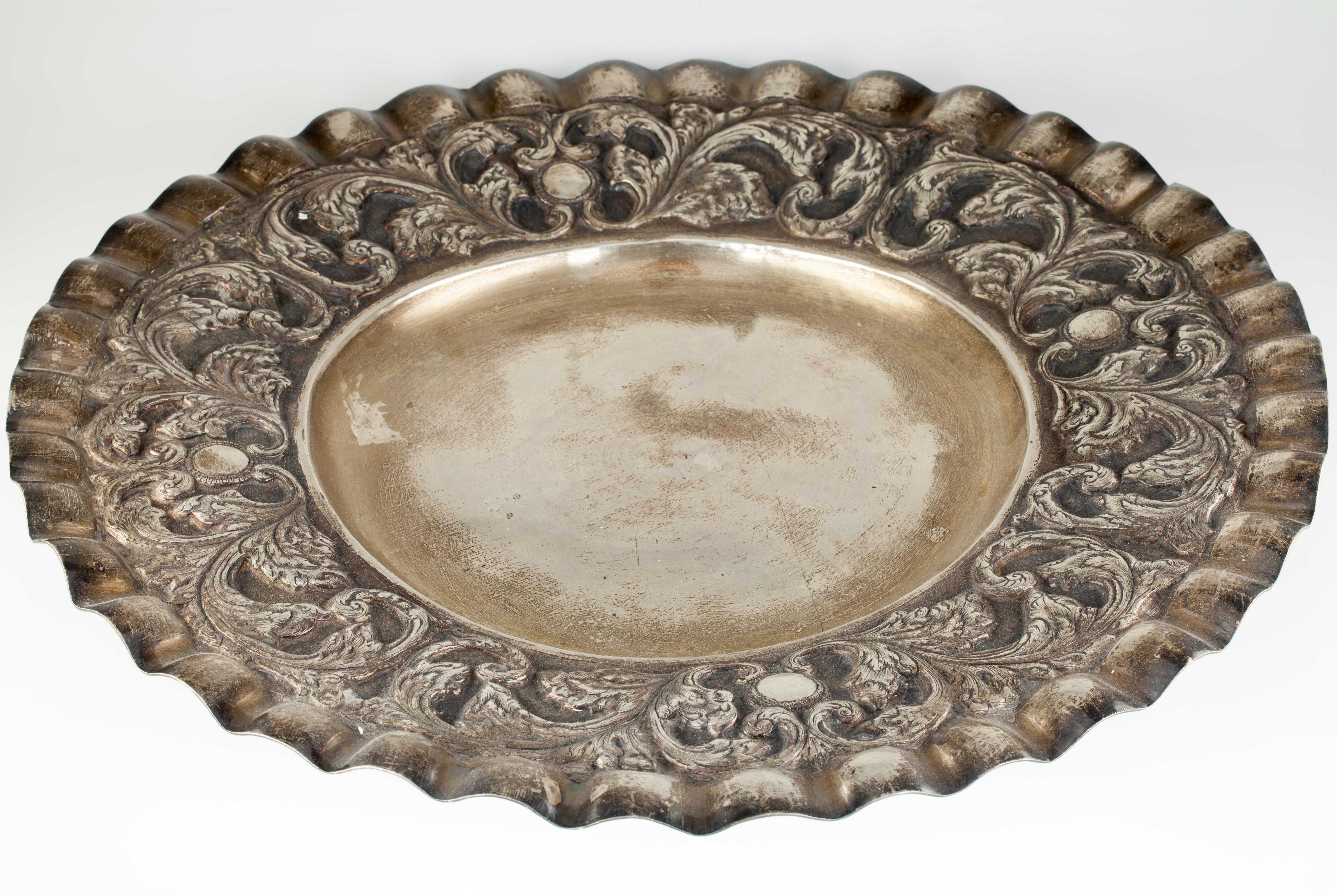 Gorgeous Silver Tray with Ruffled Edge
Beautiful Hand-Chased Repousse Design
40 Oz of Silver
18.25