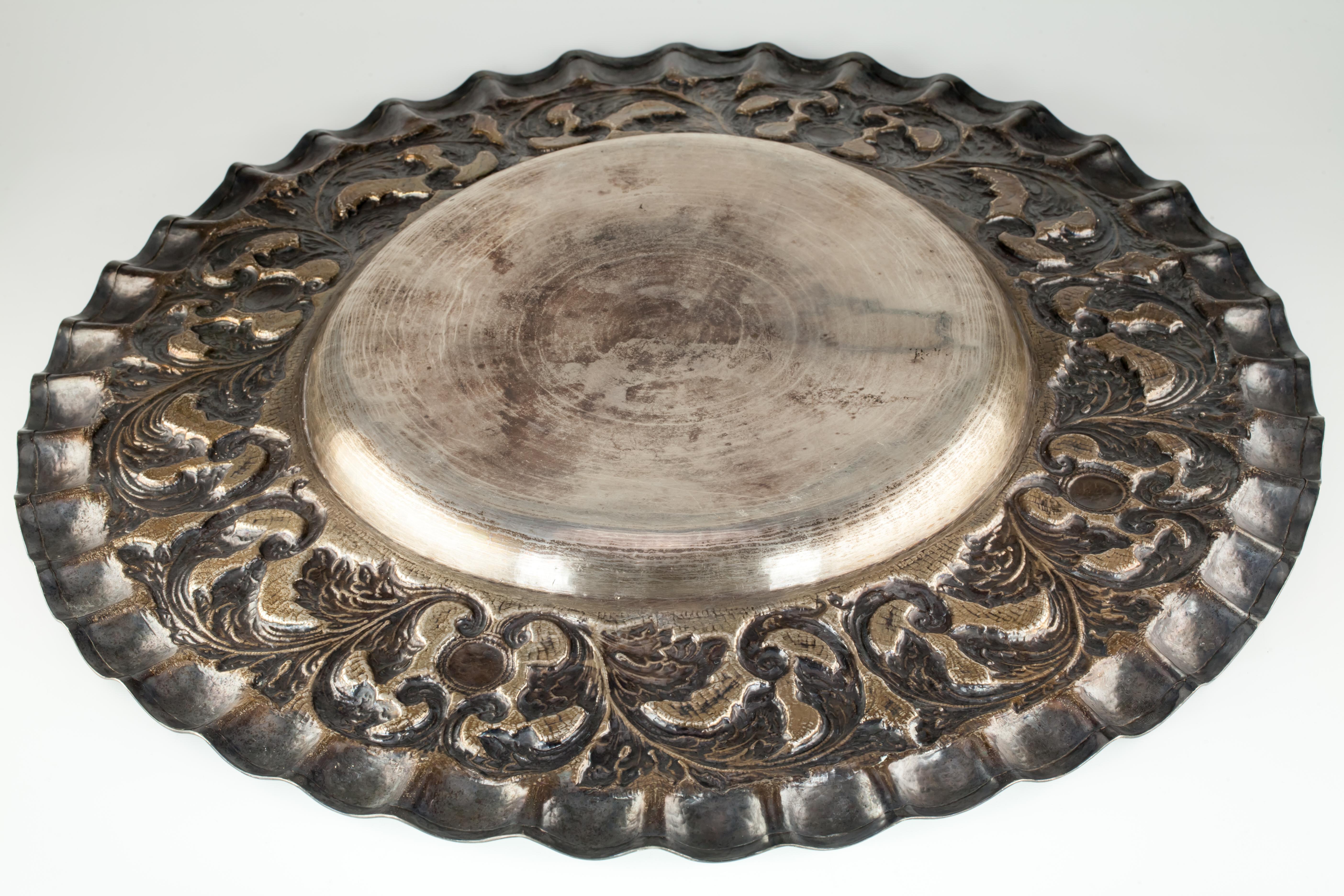 Artisan Large Silver Tray with Hand-Chased Repousse Design 40 Oz Nice! For Sale