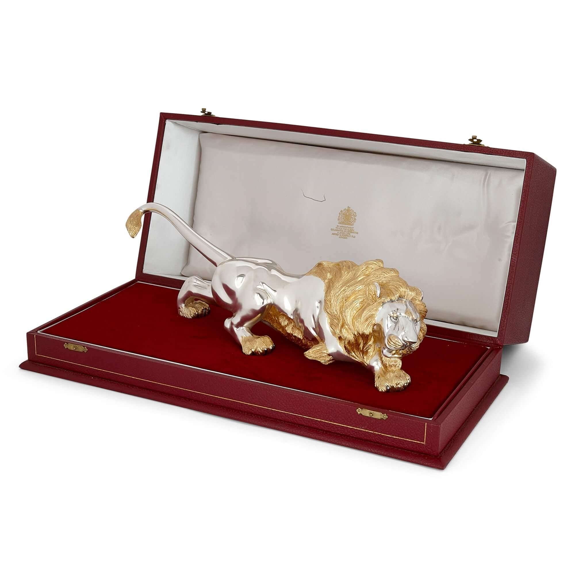 Large silver, vermeil and diamond model of a lion by Asprey
English, c. 1980
Lion: Height 12cm, width 38cm, depth 13cm
Case: Height 19cm, width 49cm, depth 23cm

Superbly crafted by Asprey in around 1980, the model depicts a majestic lion.