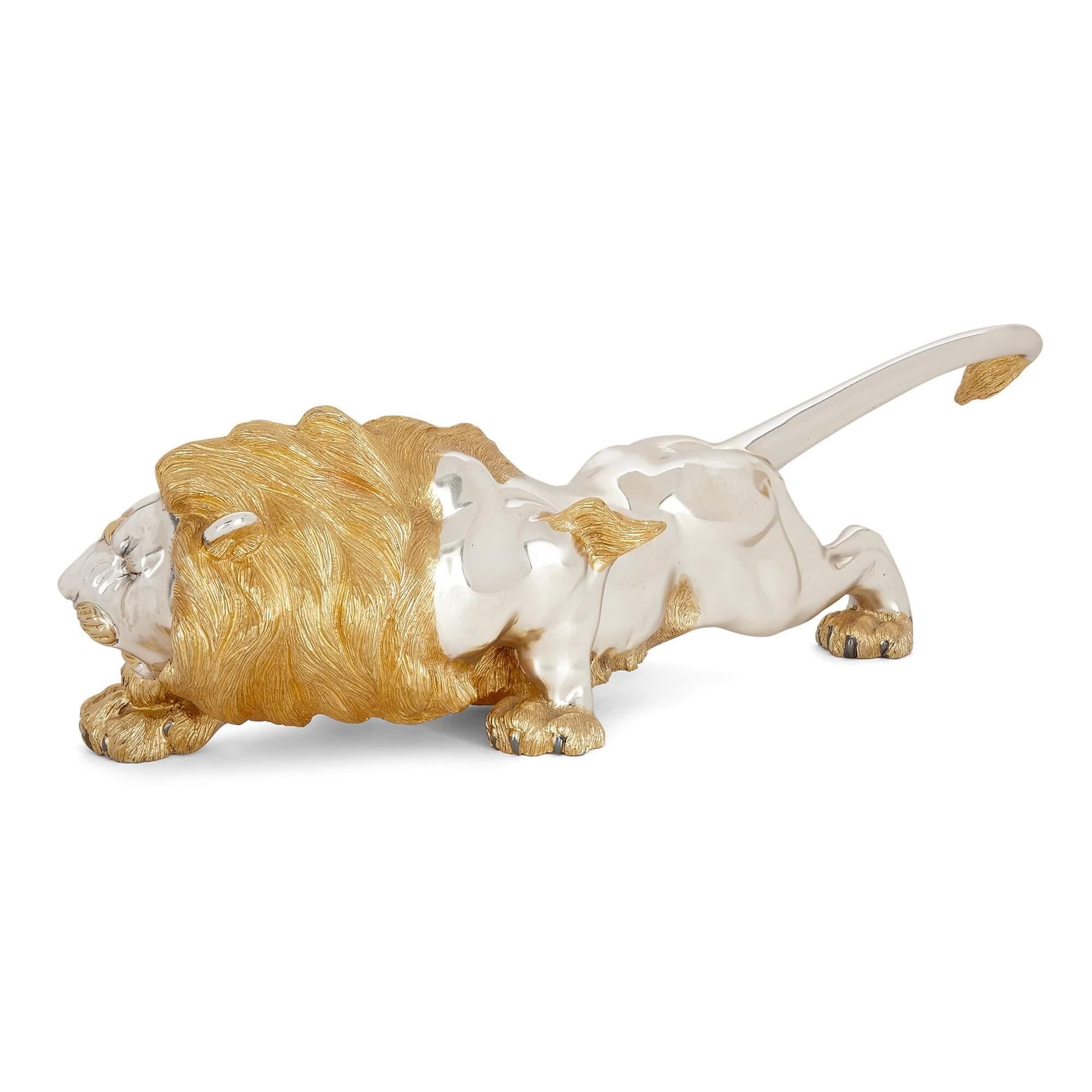 Modern Large Silver, Vermeil and Diamond Model of a Lion by Asprey For Sale
