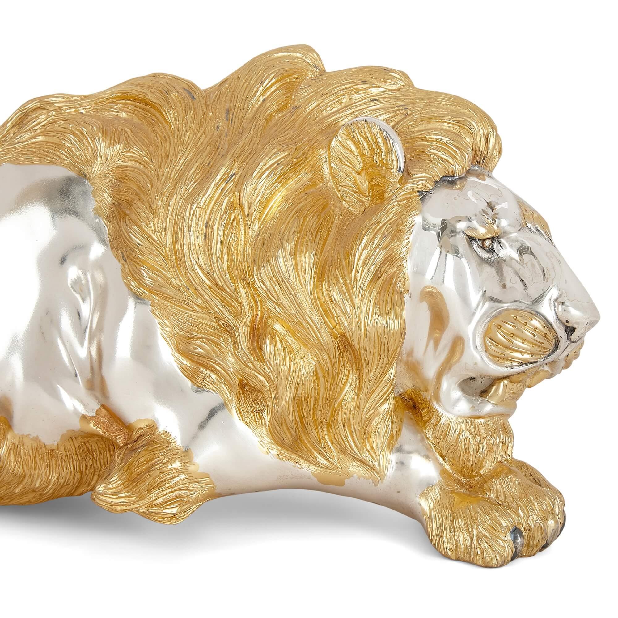English Large Silver, Vermeil and Diamond Model of a Lion by Asprey For Sale