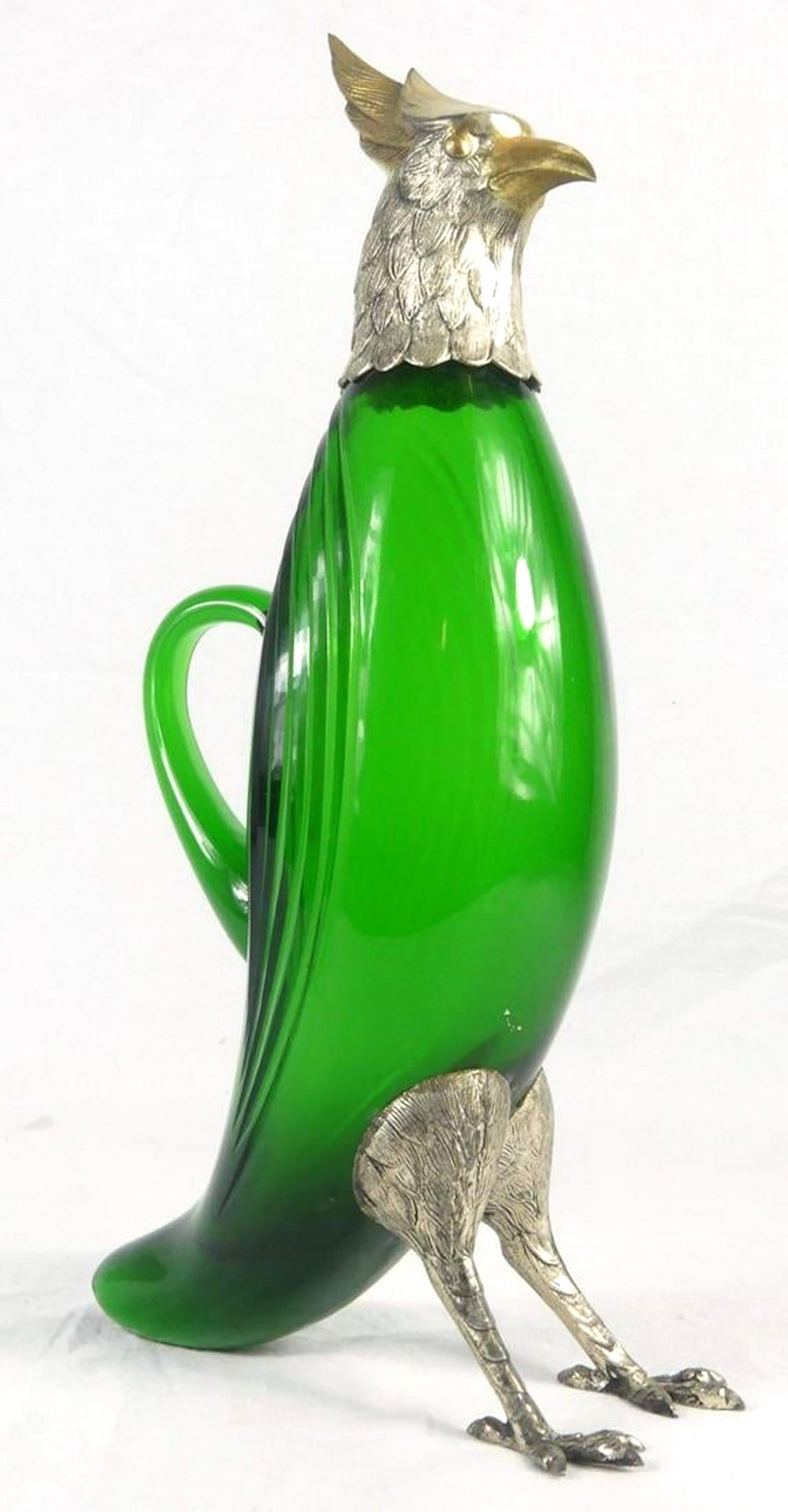 Spanish Large Silver and Vermeil Figural Green Glass Bird Decanter For Sale