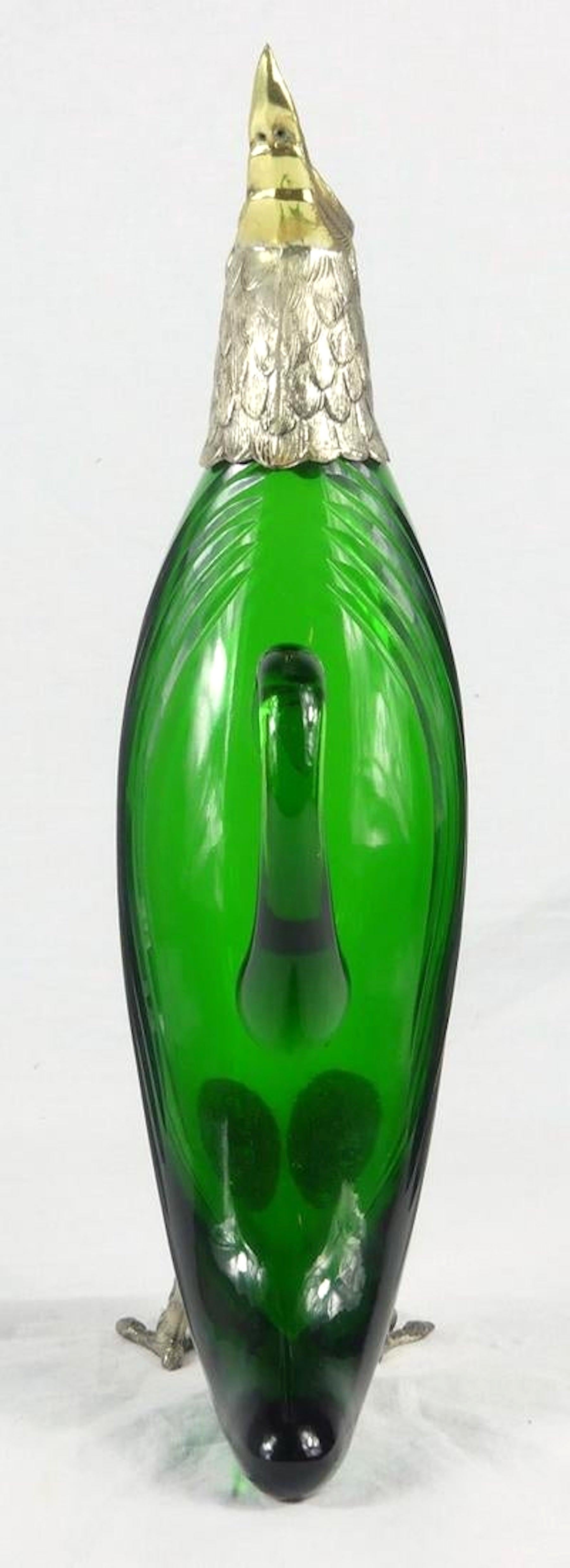 Large Silver and Vermeil Figural Green Glass Bird Decanter In Good Condition For Sale In Atlanta, GA