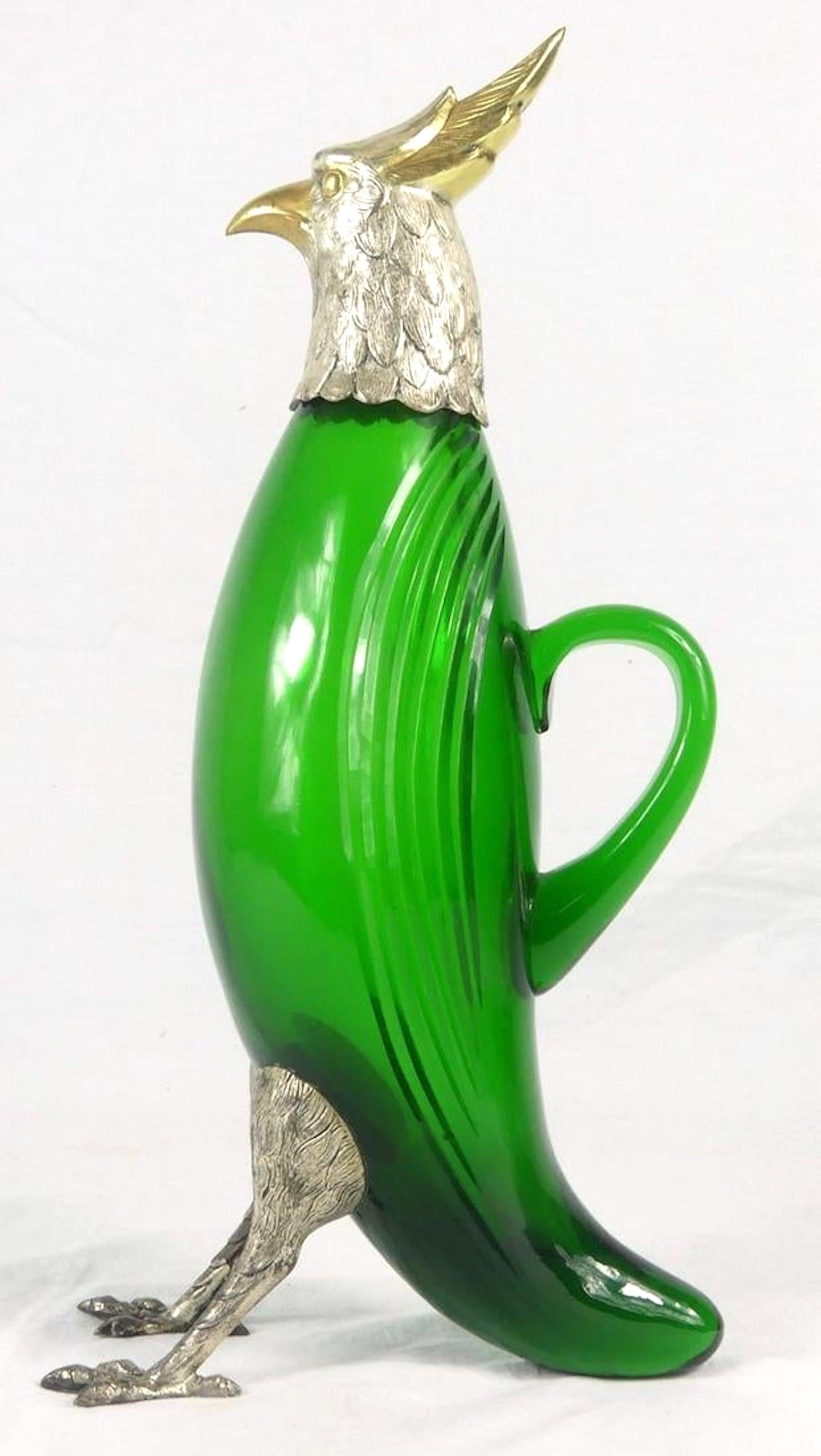 20th Century Large Silver and Vermeil Figural Green Glass Bird Decanter For Sale