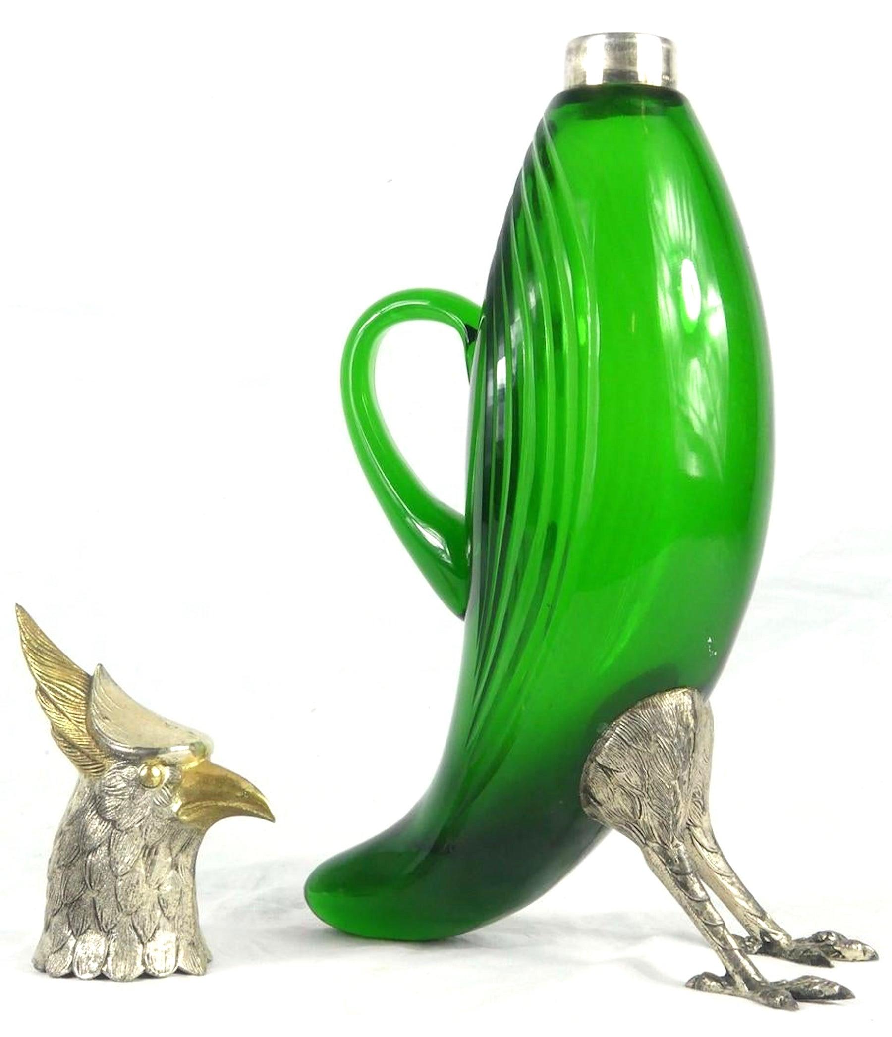 Large Silver and Vermeil Figural Green Glass Bird Decanter For Sale 1