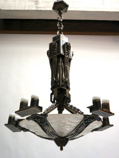 Large Silvered Bronze and Glass Art Deco Chandelier