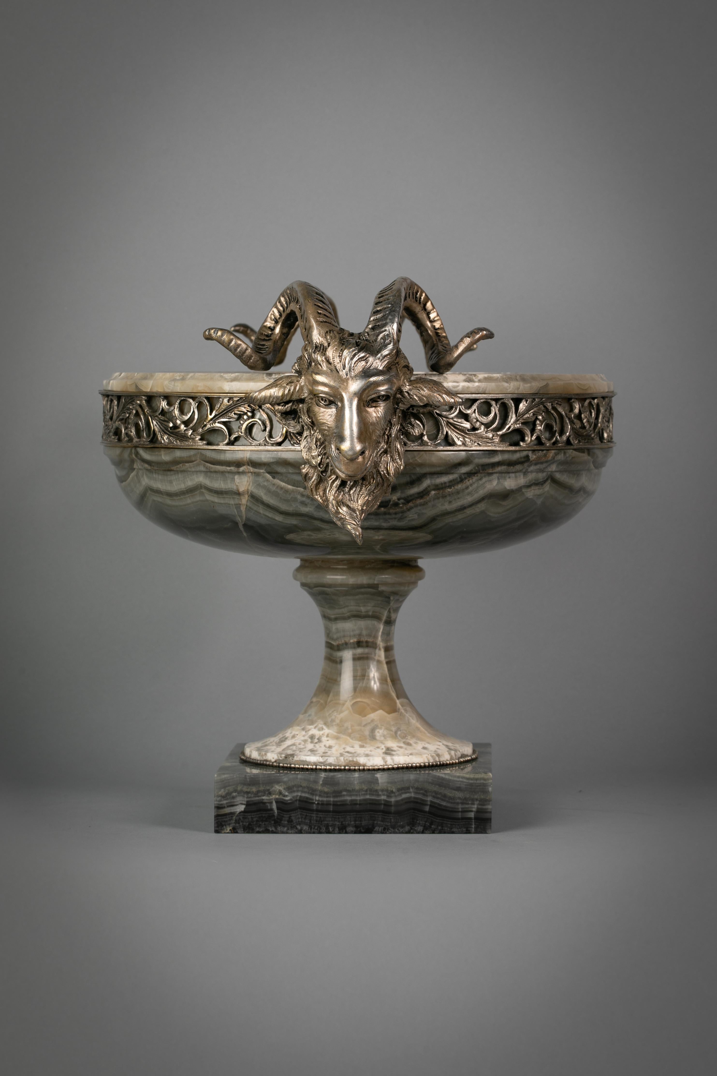 Large silvered bronze mounted agate tazza with ram's head handles.