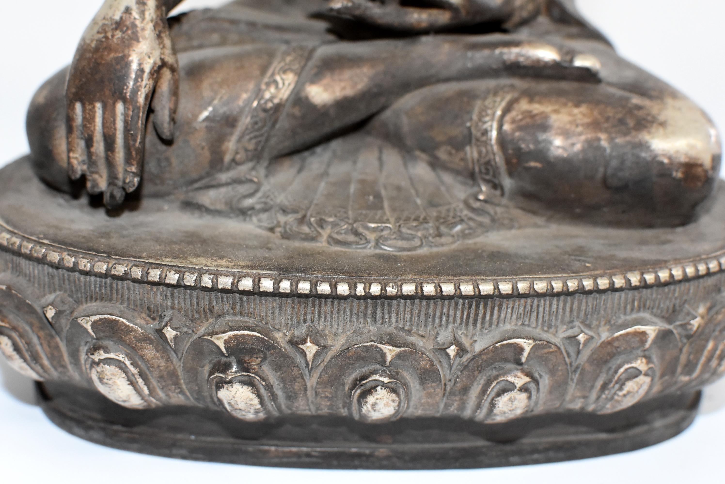 20th Century Large Silvered Bronze Tibetan Deity of a Teacher, God of Wisdom