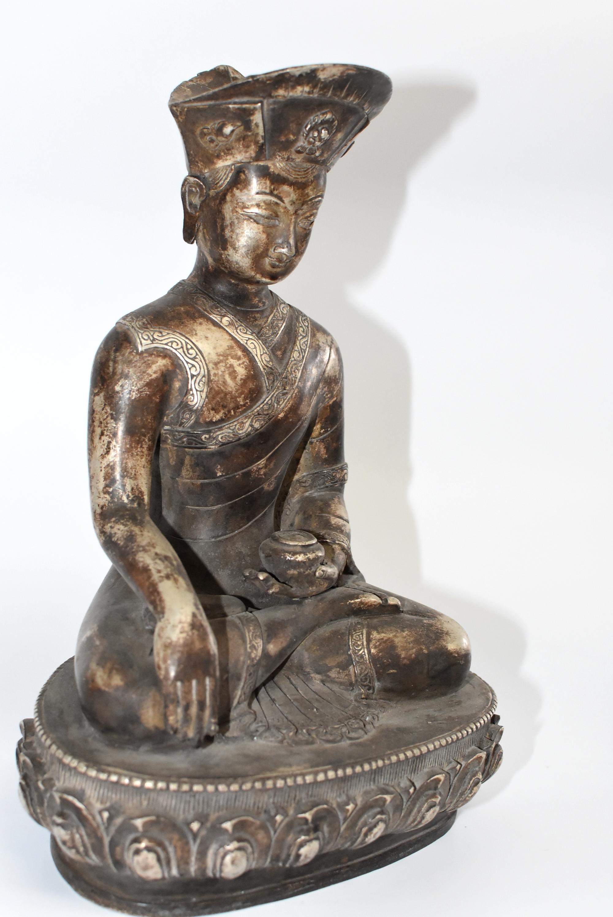 Large Silvered Bronze Tibetan Deity of a Teacher, God of Wisdom 1