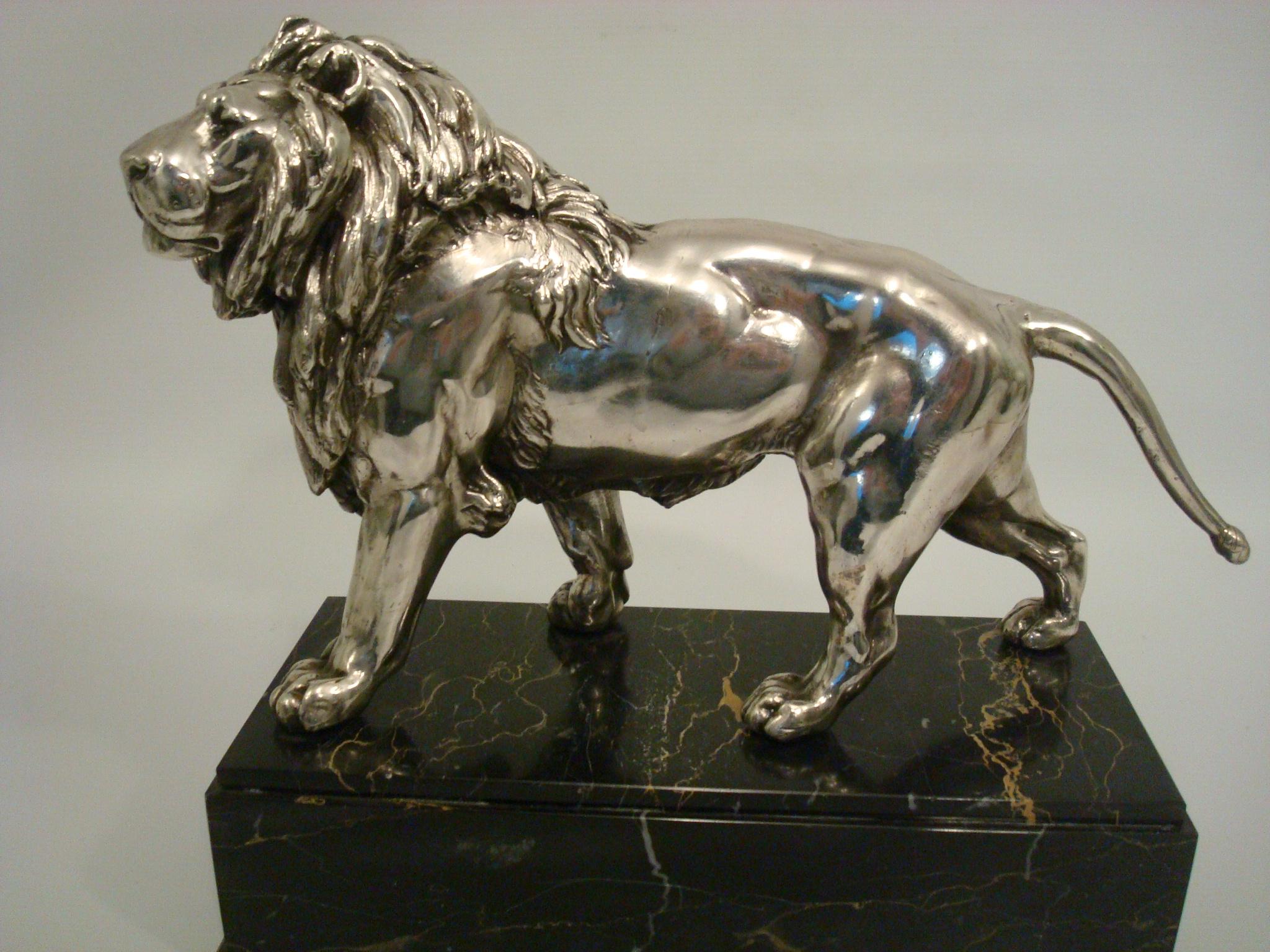 Neoclassical Large Silvered Lion Sculpture, France, Early 20th Century For Sale