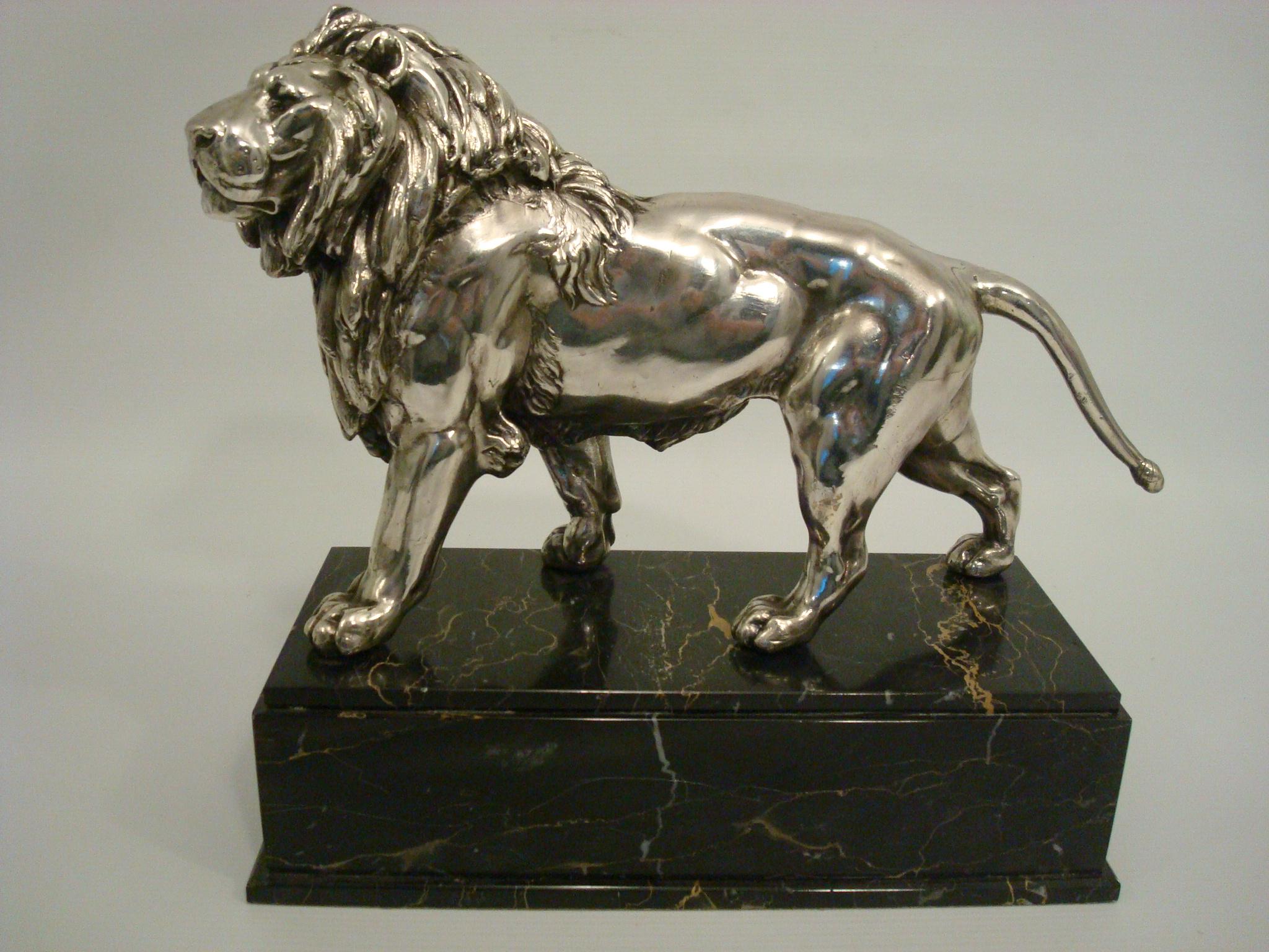 French Large Silvered Lion Sculpture, France, Early 20th Century For Sale