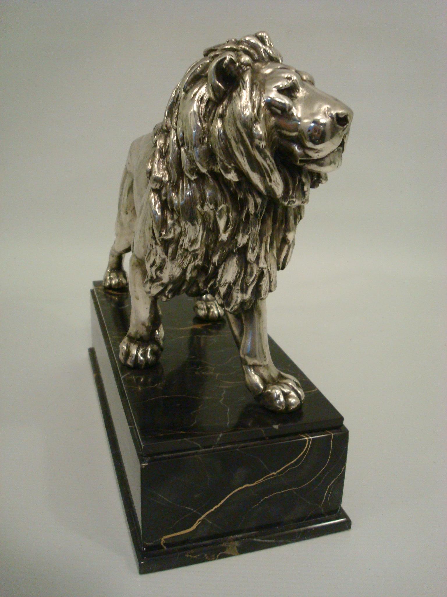 Metal Large Silvered Lion Sculpture, France, Early 20th Century For Sale