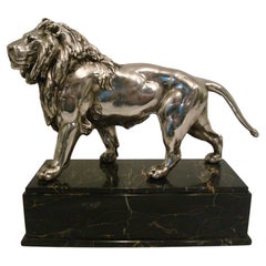 Large Silvered Lion Sculpture, France, Early 20th Century