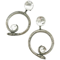 Large silvered metal, glass enamel 'snake' hoop earrings, Jacques Gautier, 1960s