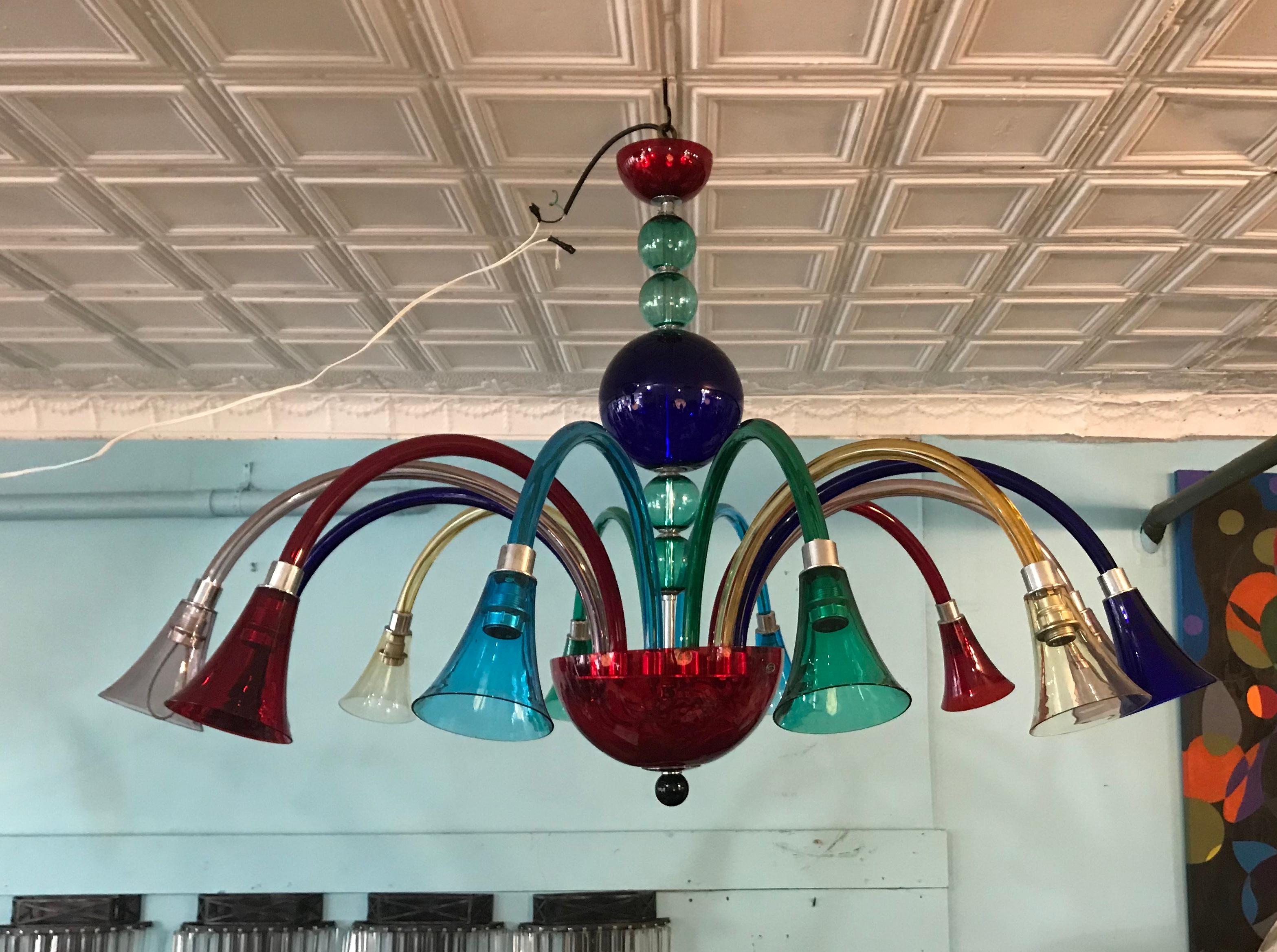 Mid-Century Modern Large Simone Cenedese 12-Arm Chandelier, Multi-Color Memphis Style For Sale