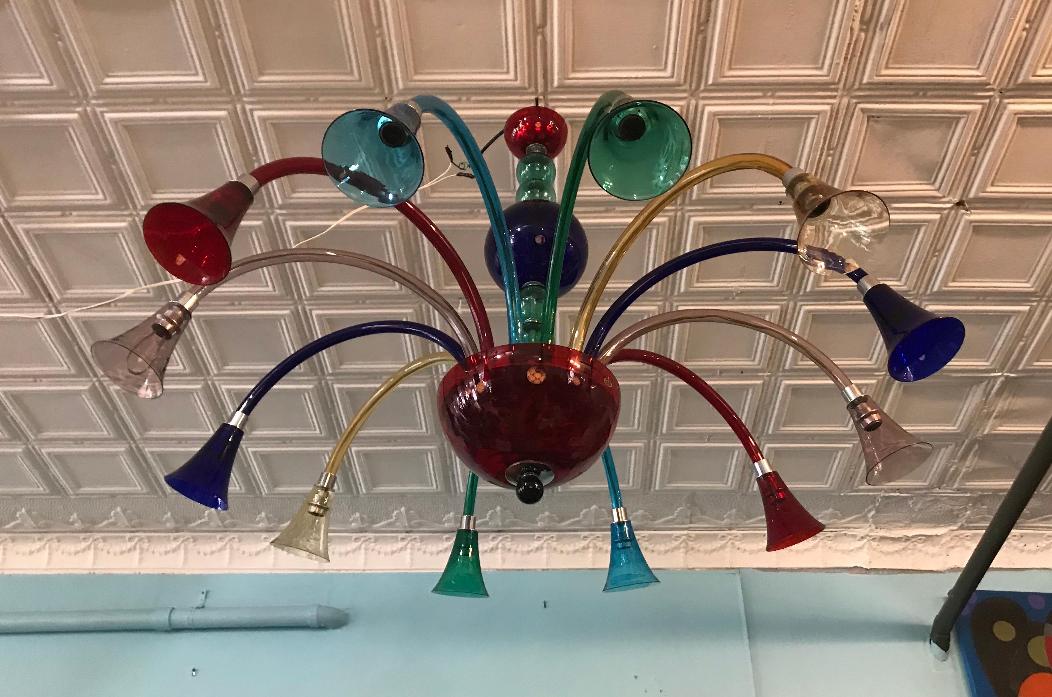 Large Simone Cenedese 12-Arm Chandelier, Multi-Color Memphis Style In Excellent Condition For Sale In Buffalo, NY
