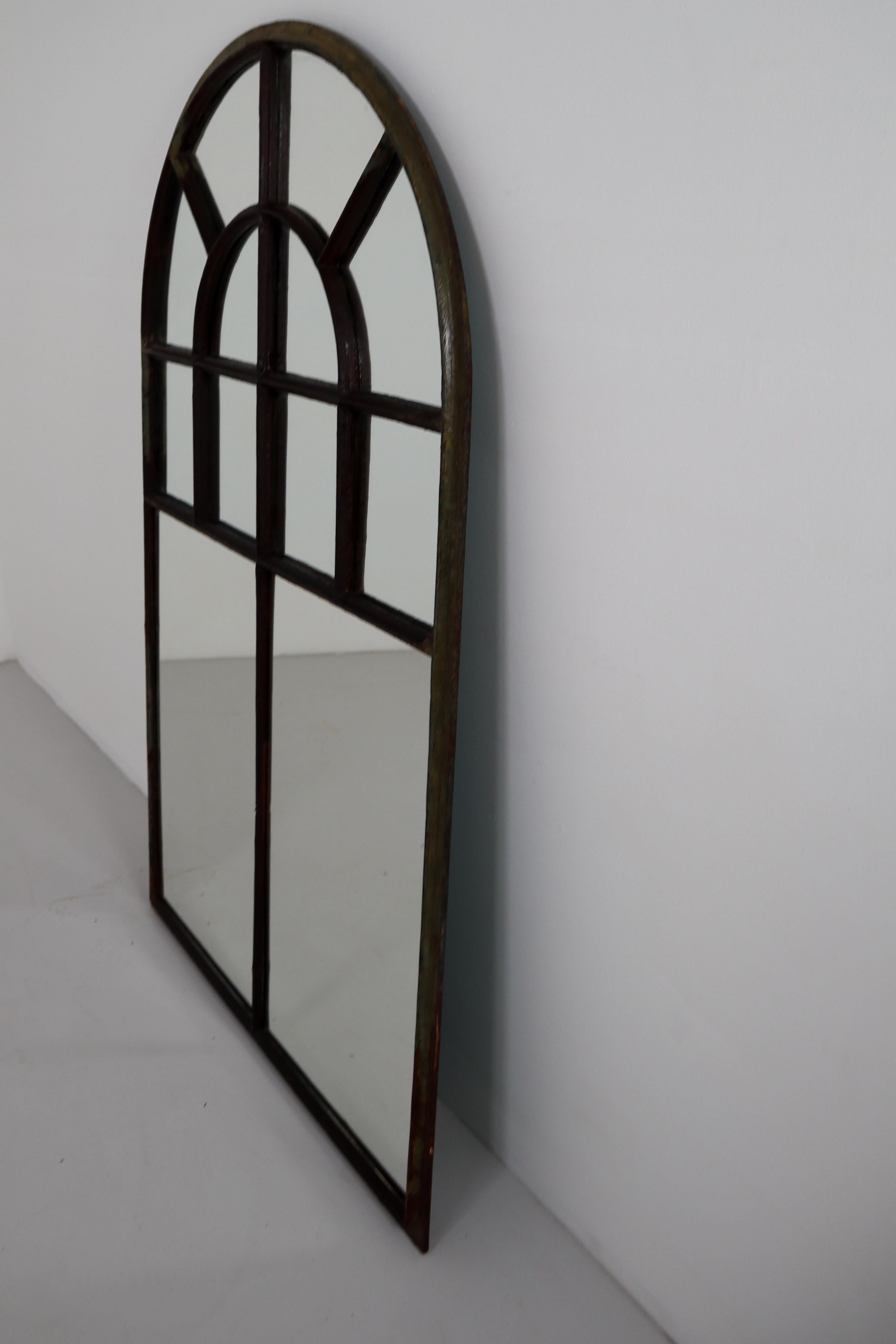 French Provincial Large Simple Cast Iron Arched Industrial Window with Mirror, France, 1800s