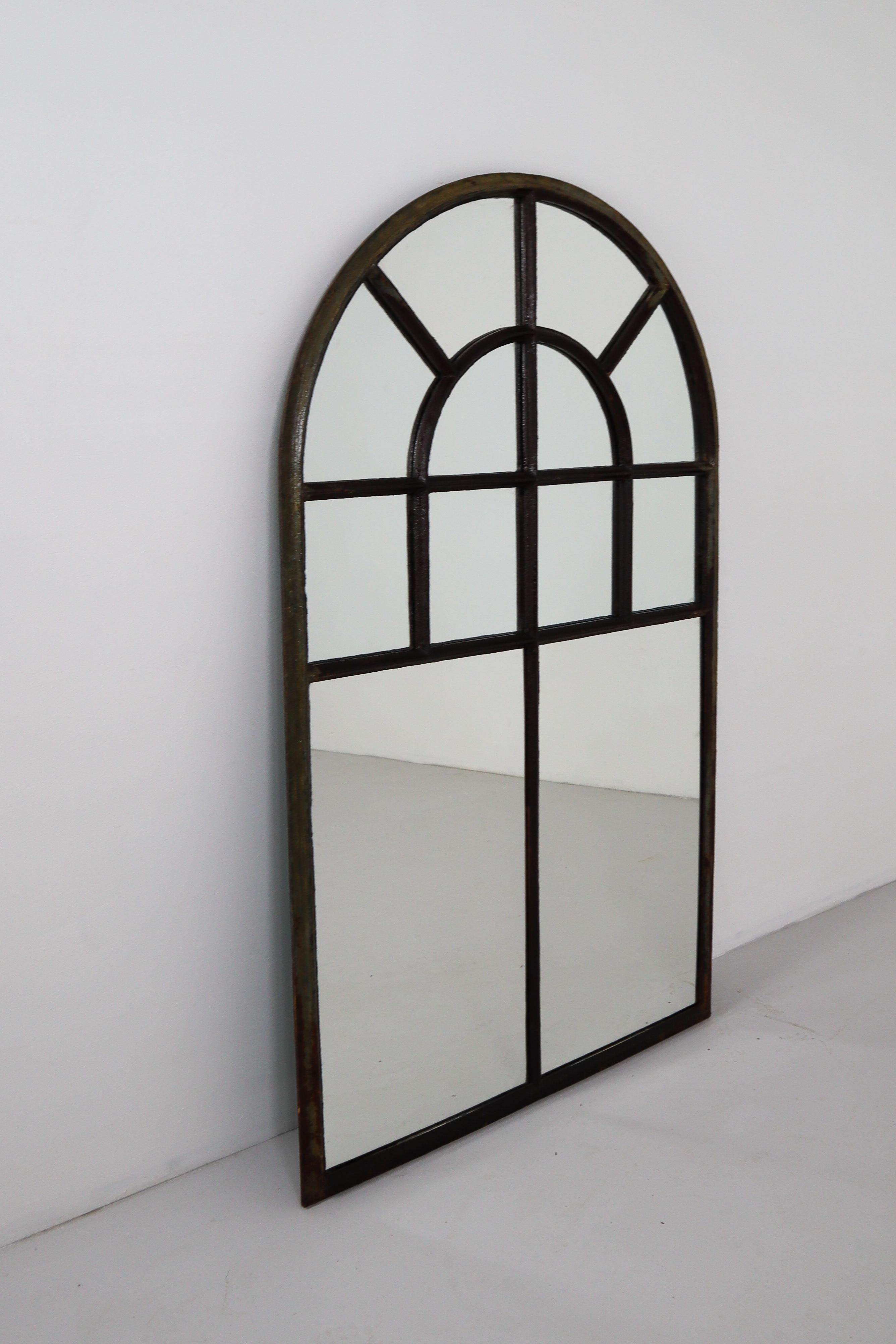 French Large Simple Cast Iron Arched Industrial Window with Mirror, France, 1800s