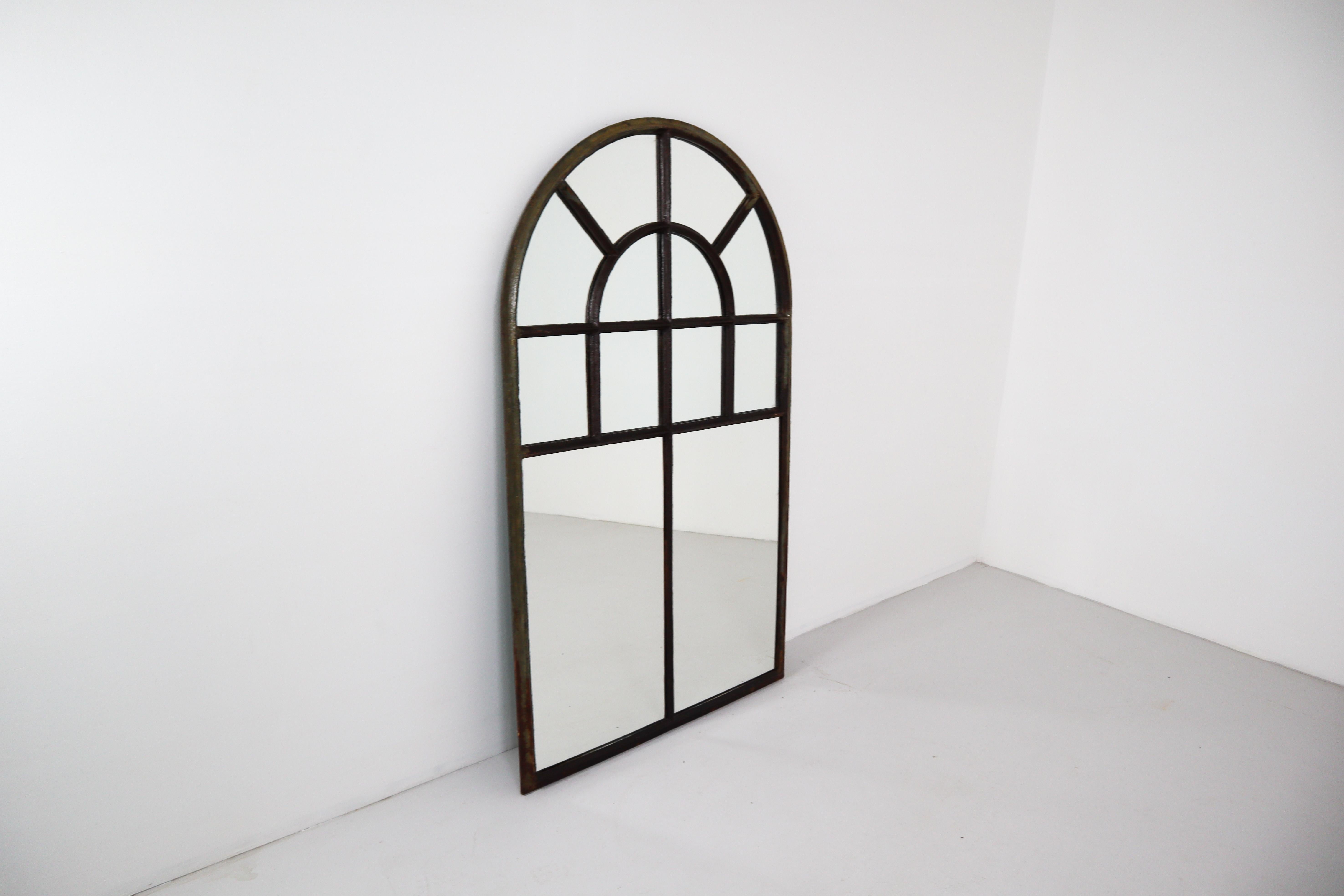 Large Simple Cast Iron Arched Industrial Window with Mirror, France, 1800s In Good Condition In Almelo, NL