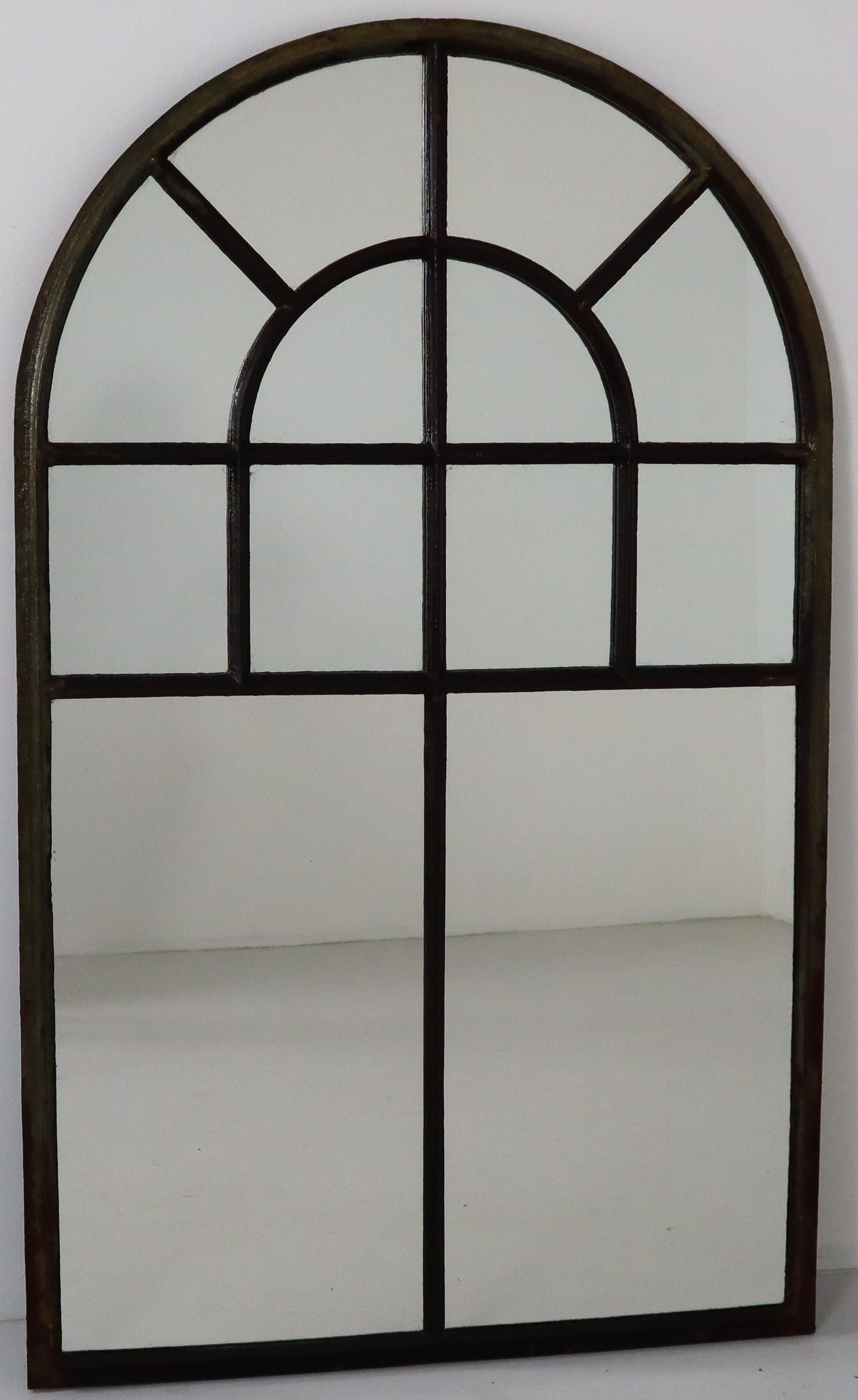 Large Simple Cast Iron Arched Industrial Window with Mirror, France, 1800s 1