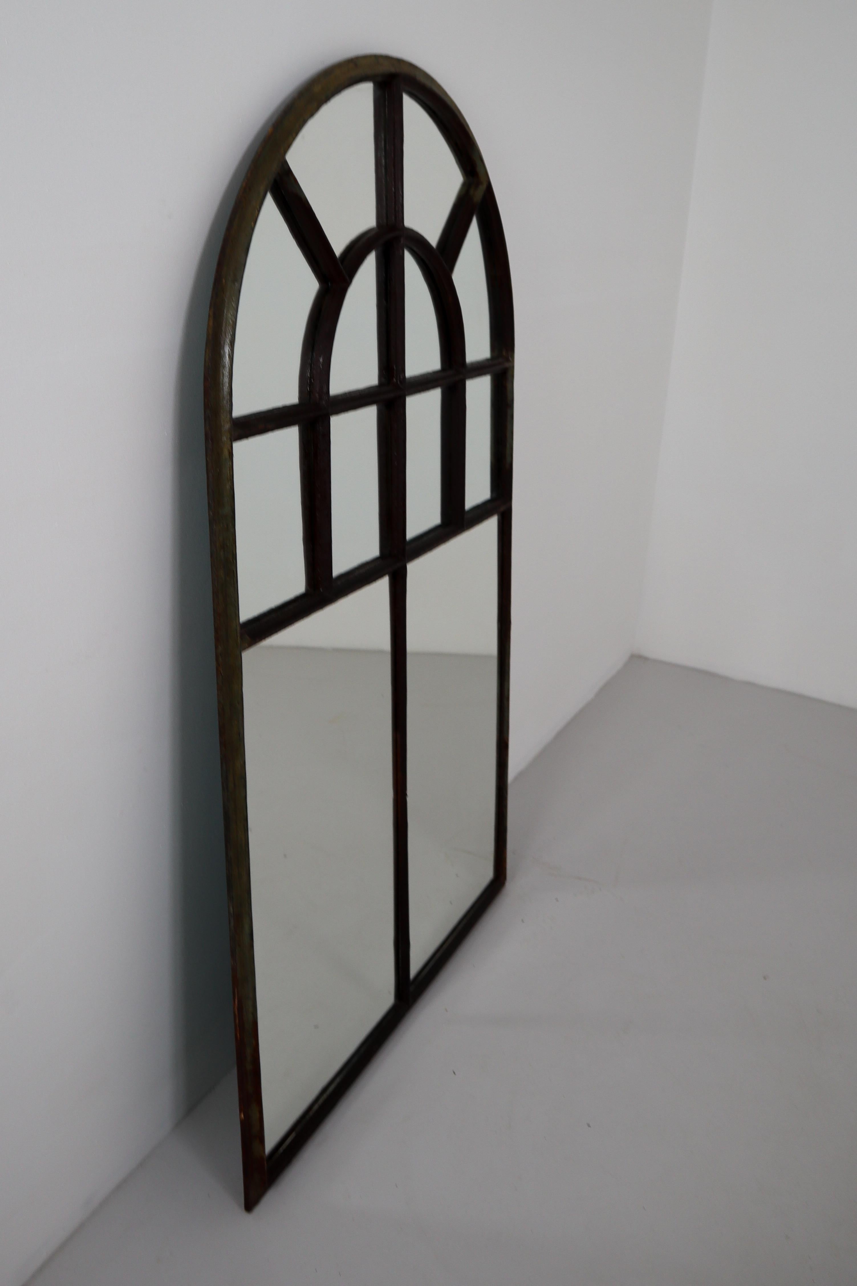 Large Simple Cast Iron Arched Industrial Window with Mirror, France, 1800s 2